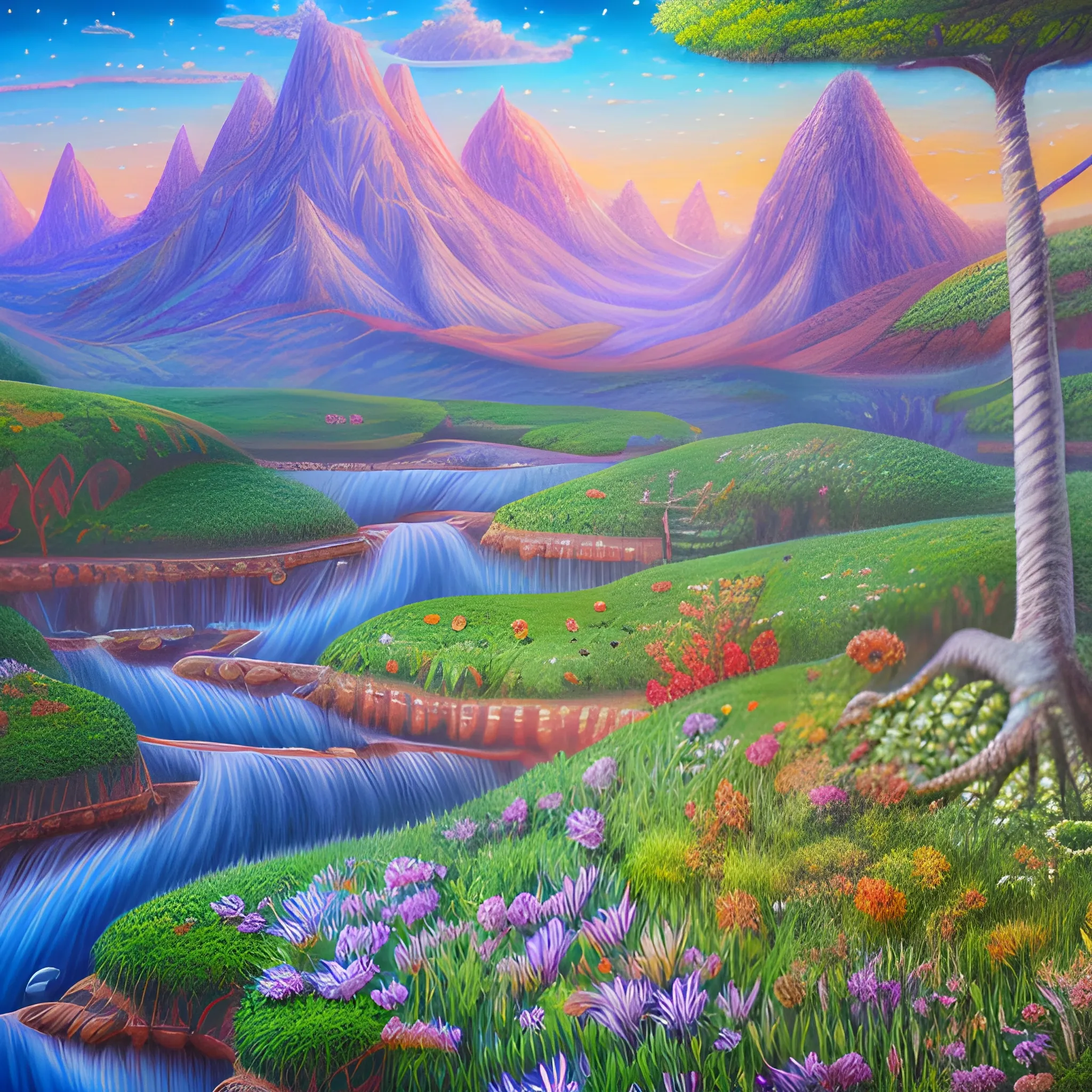 A realistic beautiful natural landscape, 4k resolution, hyper detailed, Trippy, Oil Painting, Cartoon, Pencil Sketch