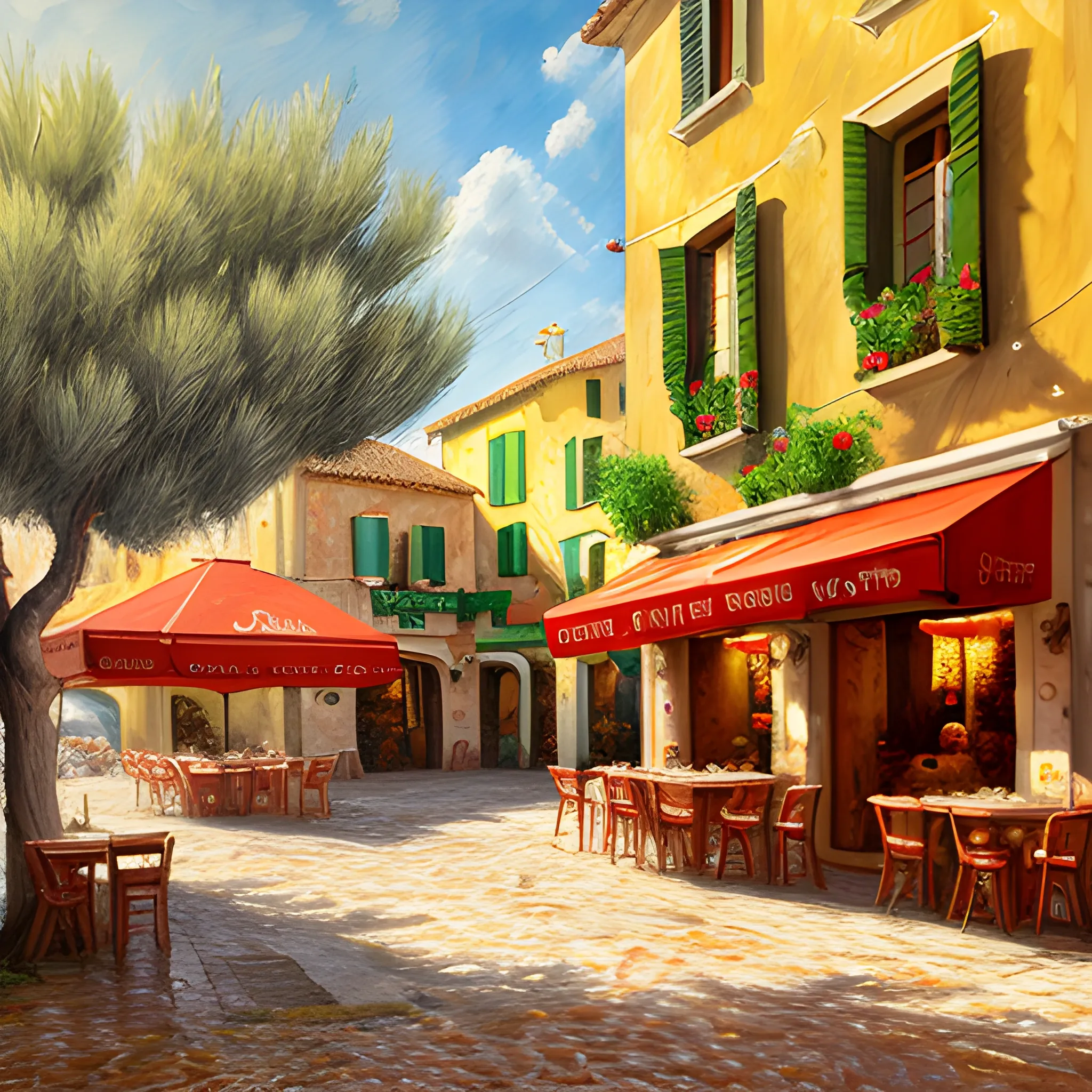 a traditional pizzeria in the street of a small village on the riviera. a terrace in the shade of a hundred - year - old olive tree, a friendly atmosphere around pizzas and rose wine. dolce vita. unreal engine rendering, hyper realist, ultra detailed, oil painting, warm colors, happy, impressionism, da vinci, , Oil Painting, Water Color