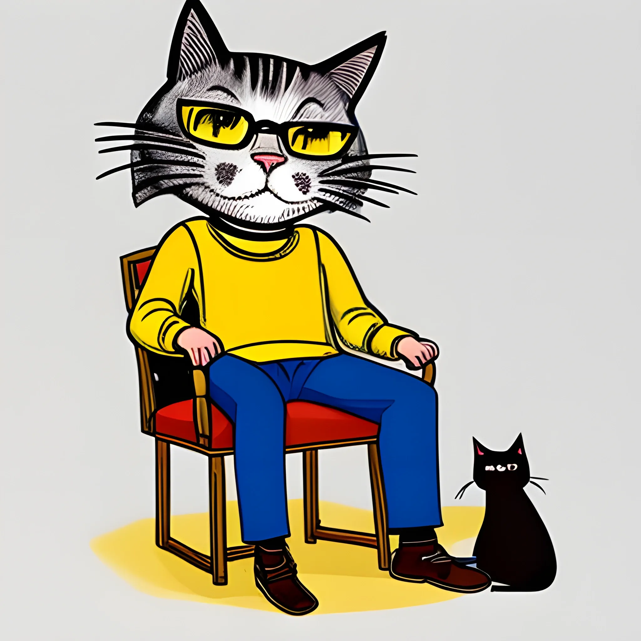 caricatura de un hombre gato sentado en una silla sin ropa