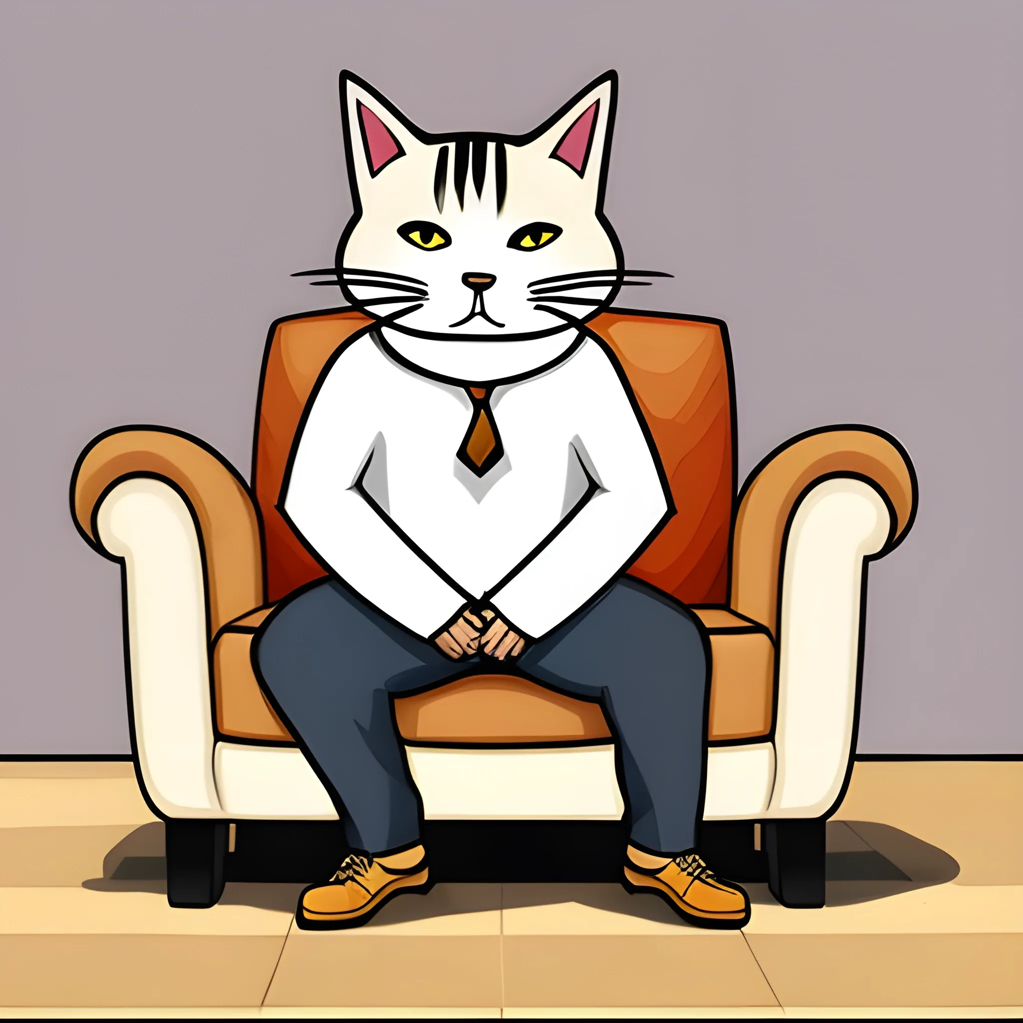 caricatura de un hombre gato sin ropa blanco sentado en una silla