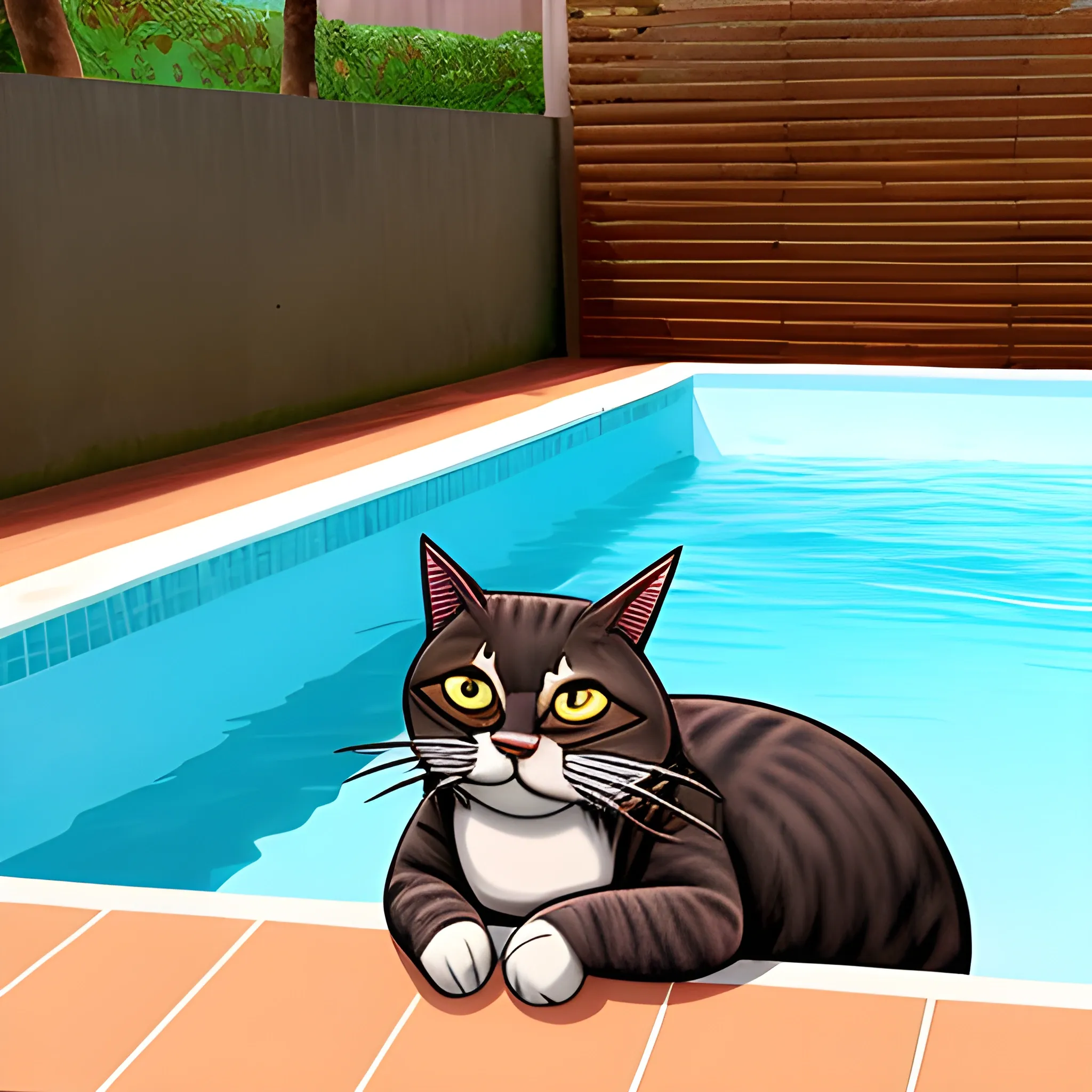 caricatura de un hombre gato riéndose sentado al borde de una piscina