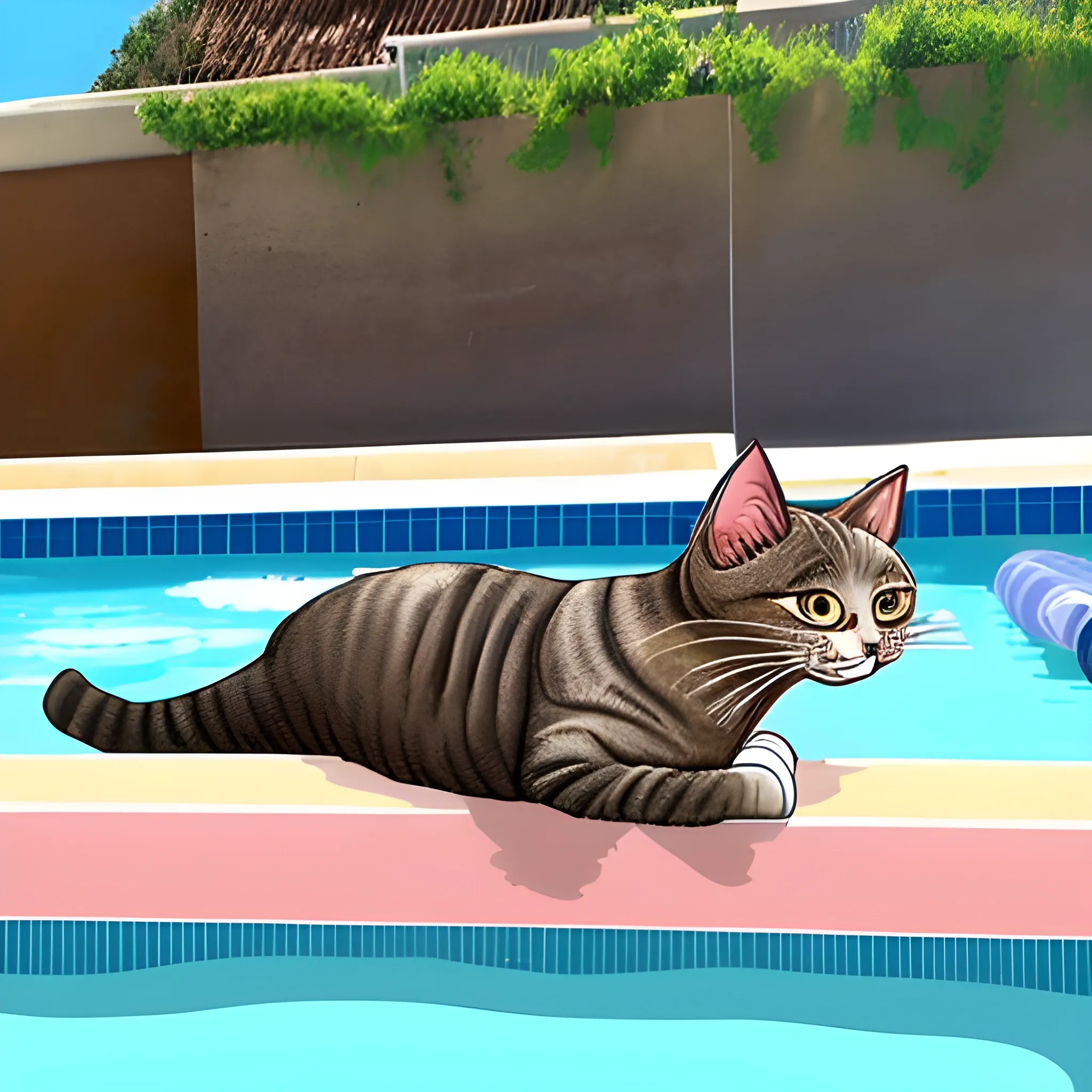 caricatura de un hombre gato riéndose sentado al borde de una piscina