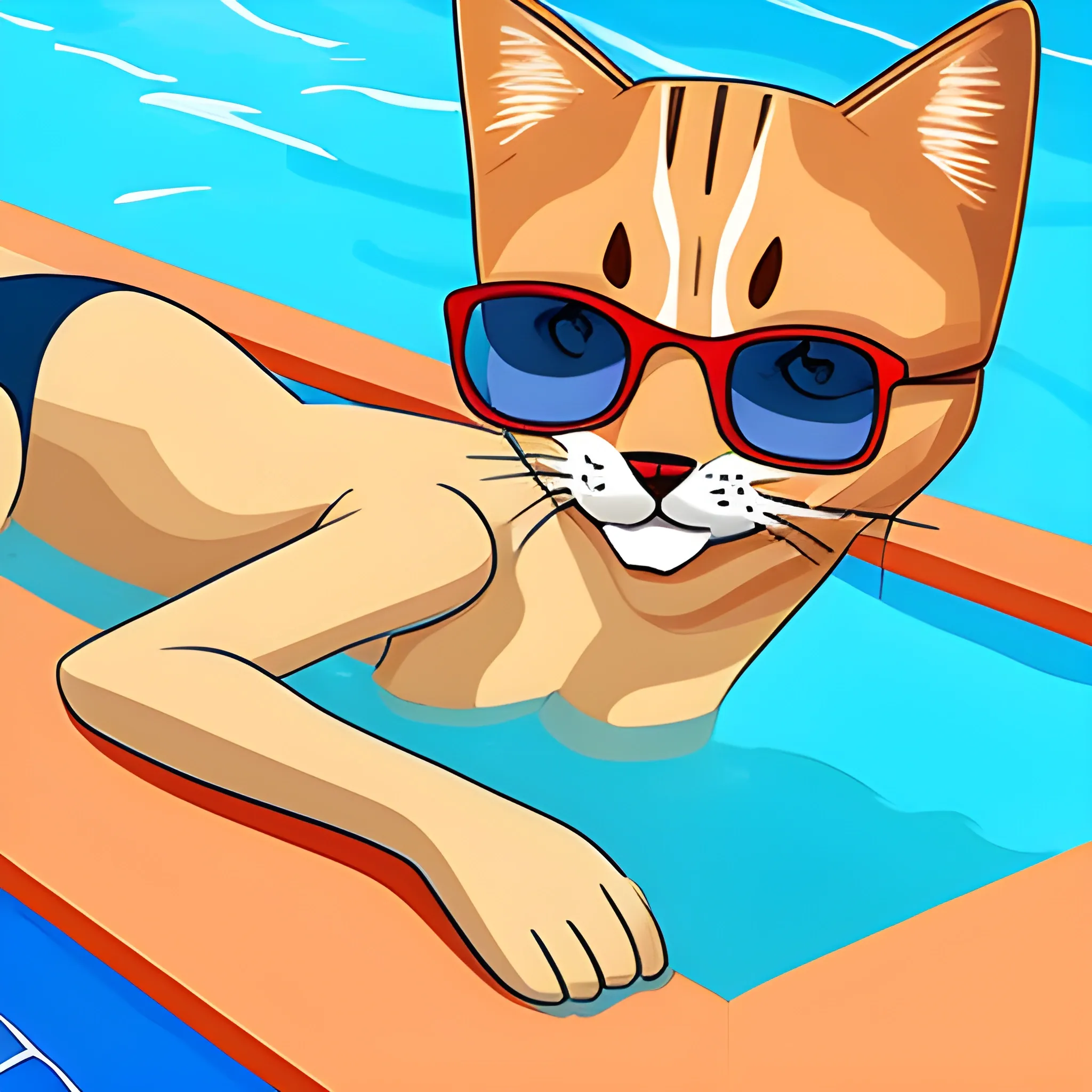 caricatura de una persona con cuerpo de gato riéndose sentado al borde de una piscina