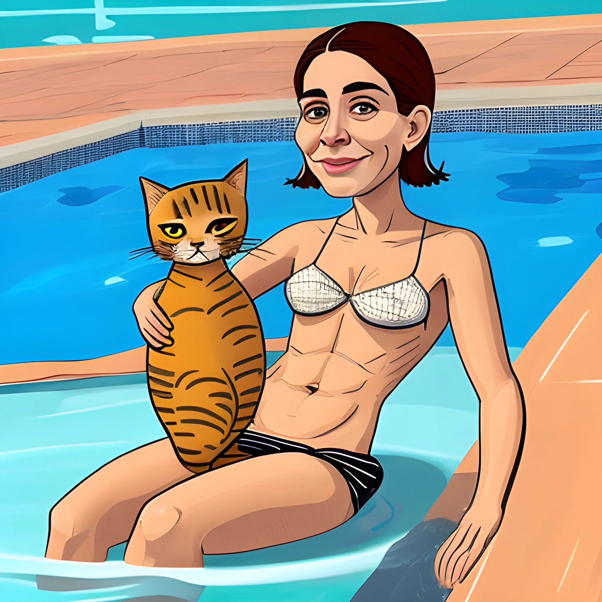 caricatura de una persona con cuerpo de gato sentado al borde de una piscina