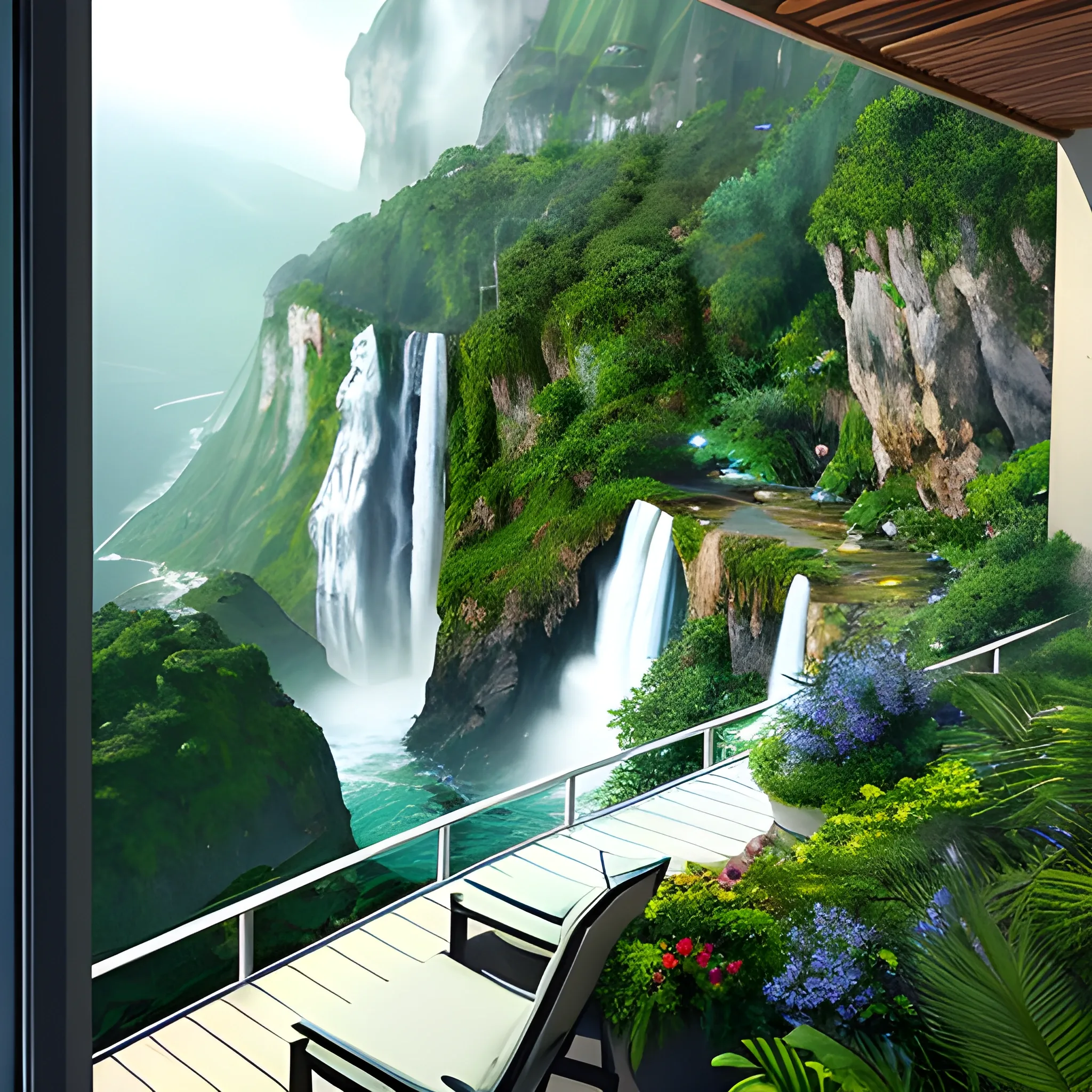 From the balcony of a small house located on the edge of a rugged cliff, a young woman watches the rain falling gently while sitting calmly drinking her coffee. The surrounding cliff is lush with greenery, and a beautiful waterfall cascades into a calm, sparkling pool below. The atmosphere is one of tranquility and peace., 3D