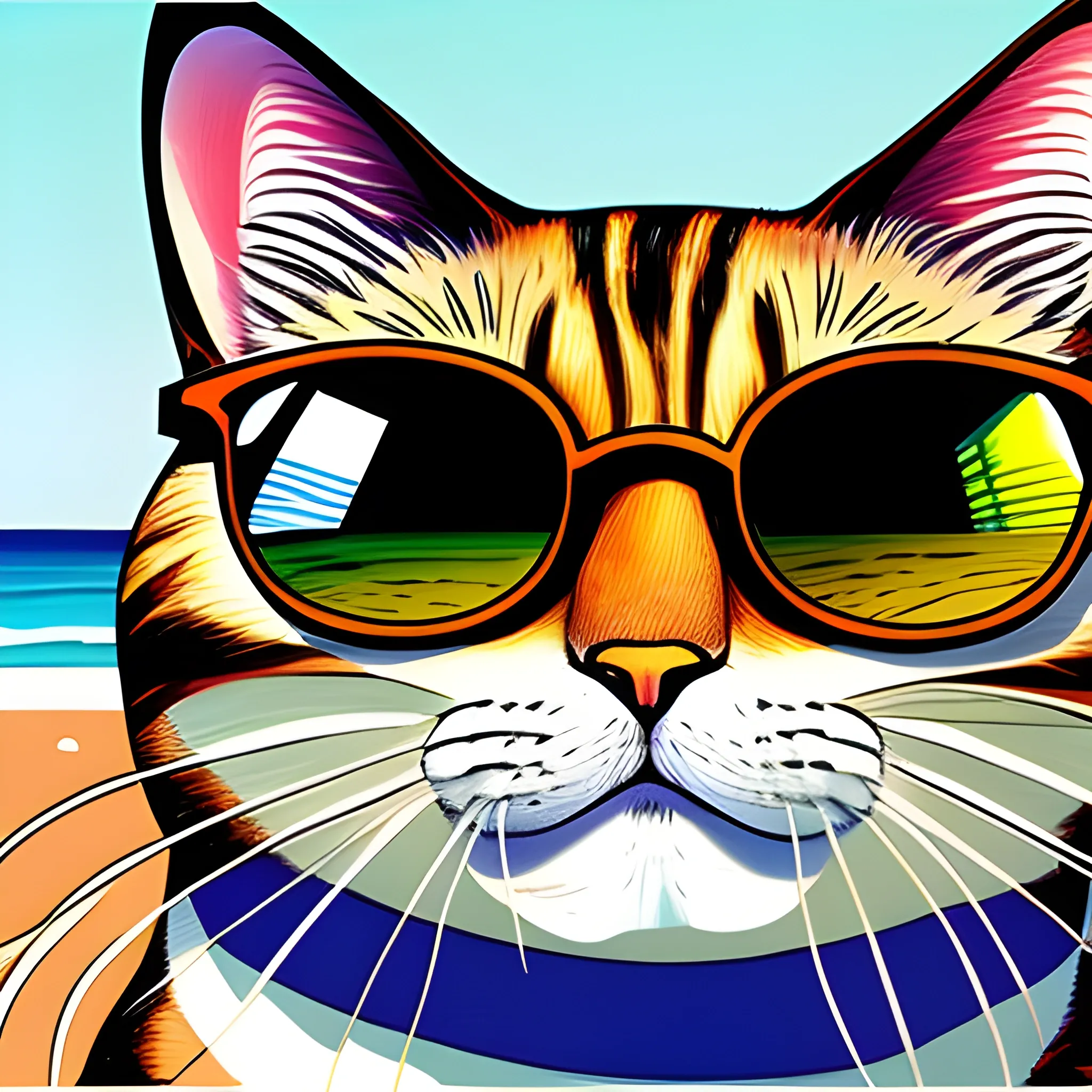 dibujo en lineas de un gato con lentes de sol en la playa