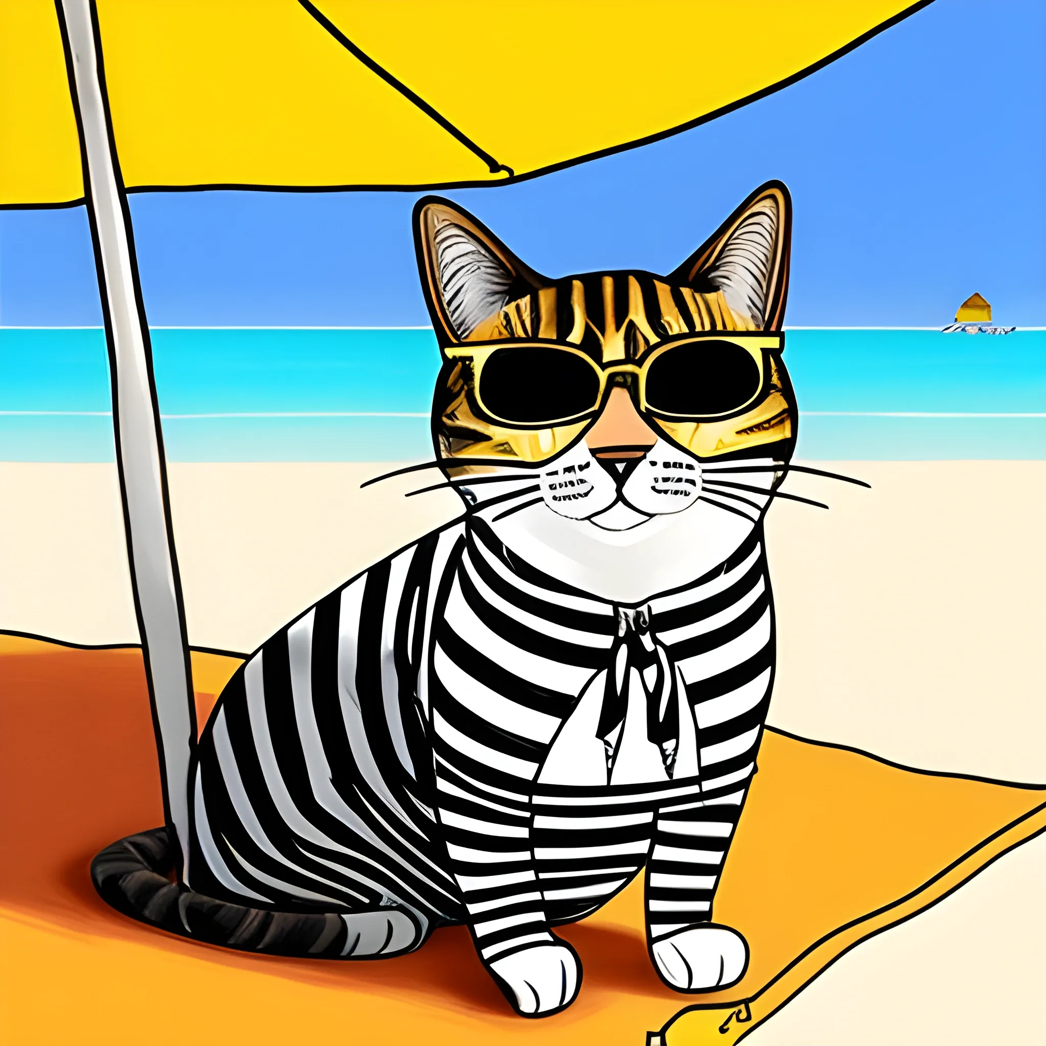 dibujo en lineas de un gato con lentes de sol en la playa bajo una sombrilla