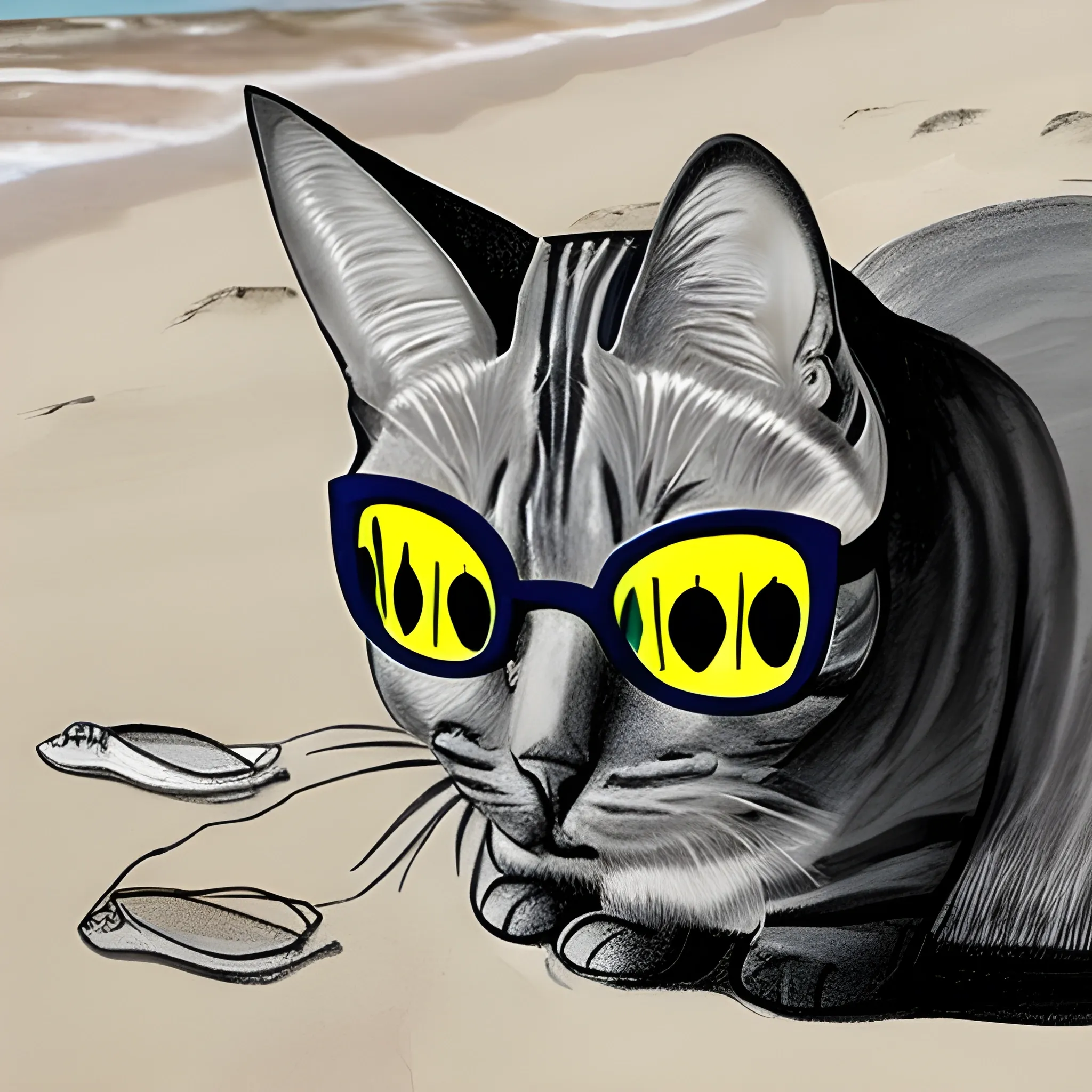 dibujo en lineas de un gato con lentes de sol en la playa echado bajo una sombrilla