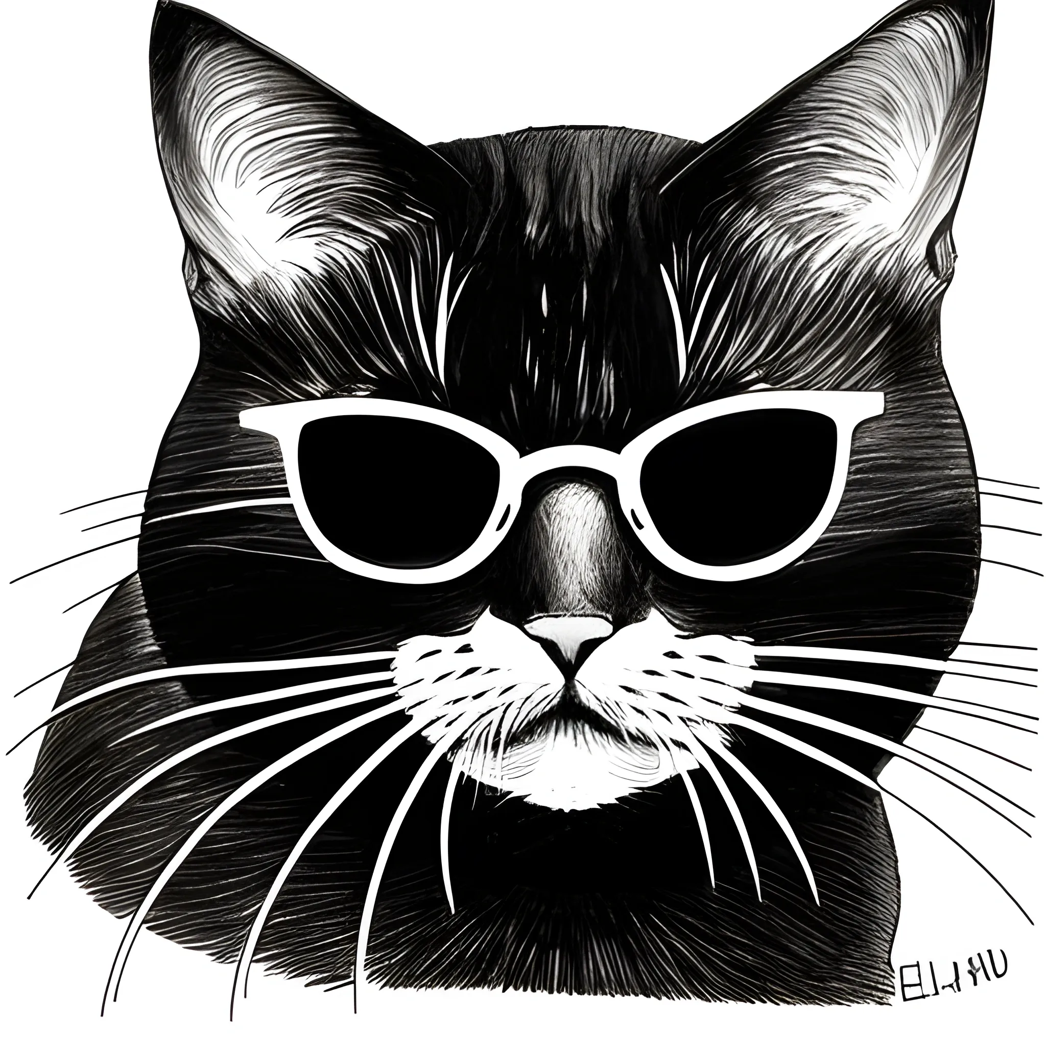 dibujo en lineas de un gato con lentes de sol echado de espaldas bajo una sombrilla