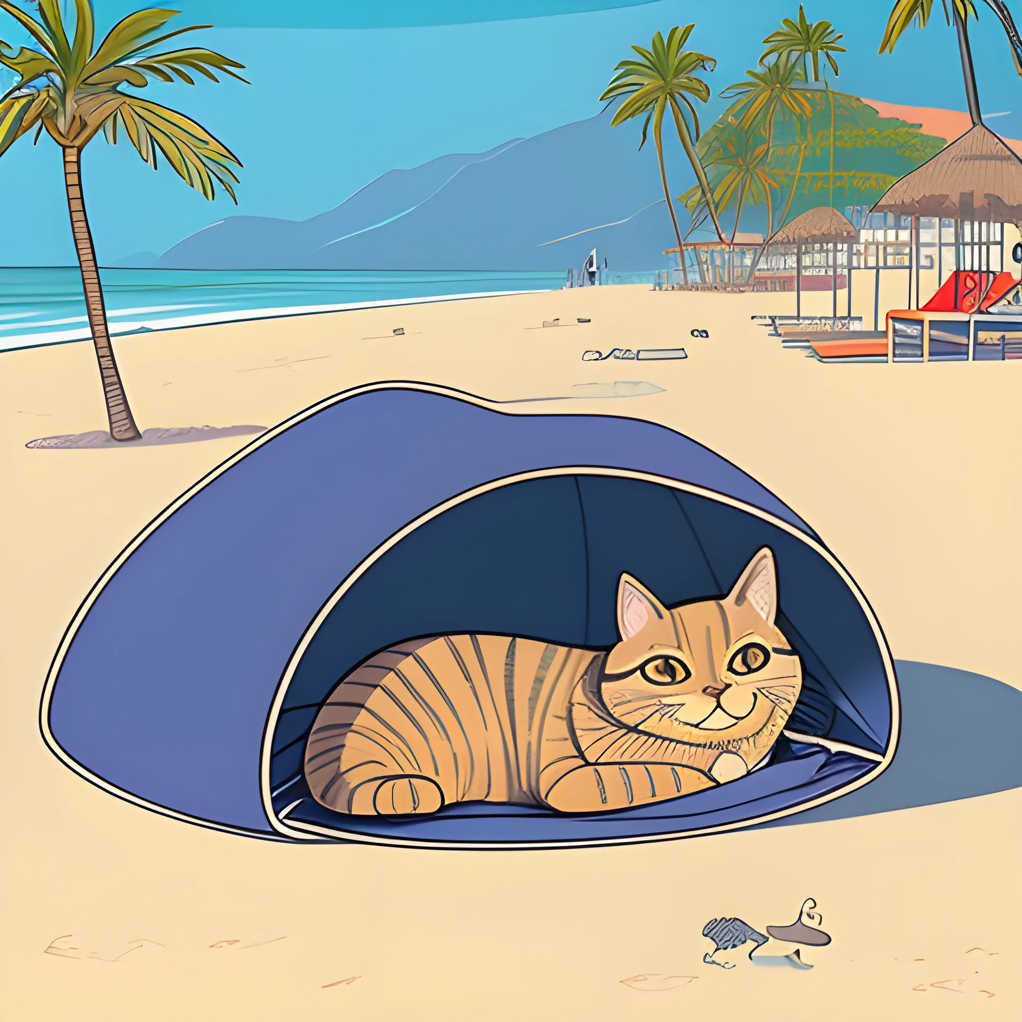 dibujo en lineas de un gato sentado en una hamaca bajo una sombrilla en la playa
