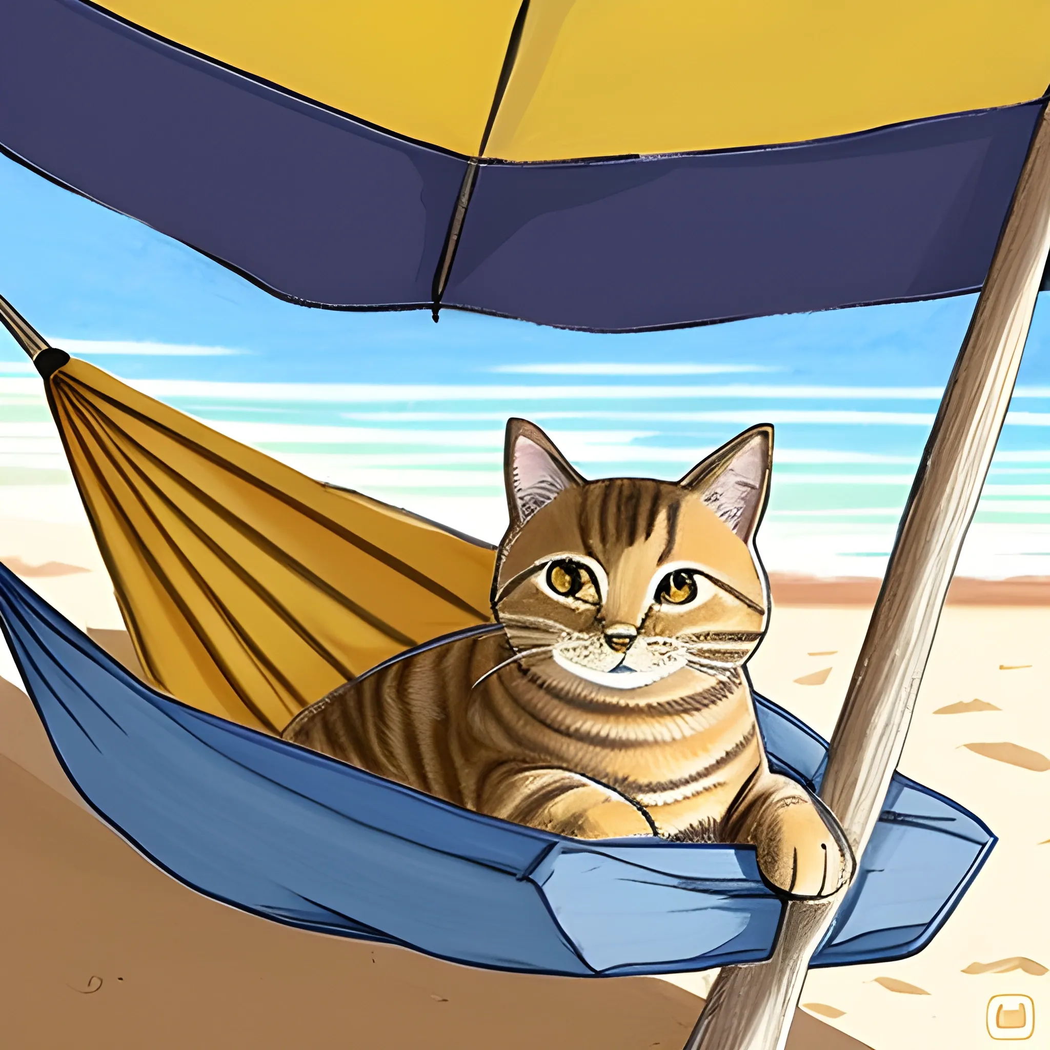 dibujo en lineas de un gato sentado en una hamaca bajo una sombrilla en la playa
