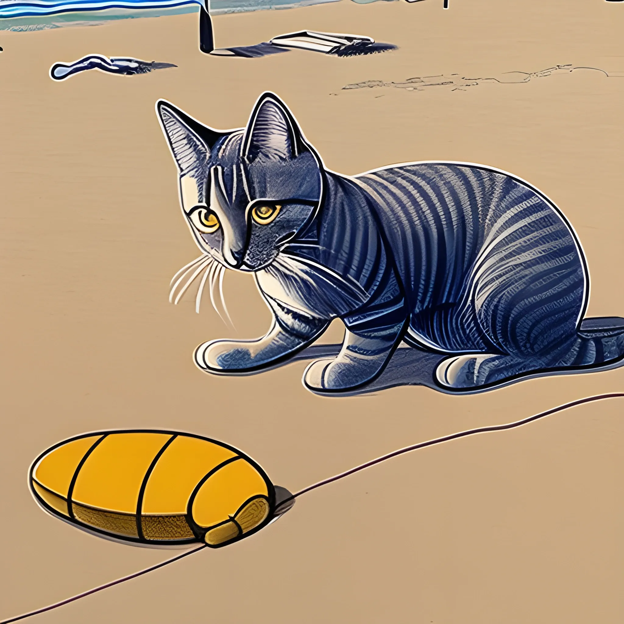 dibujo en lineas de un gato con dos patas soteniendo su cabeza y hechado en la playa