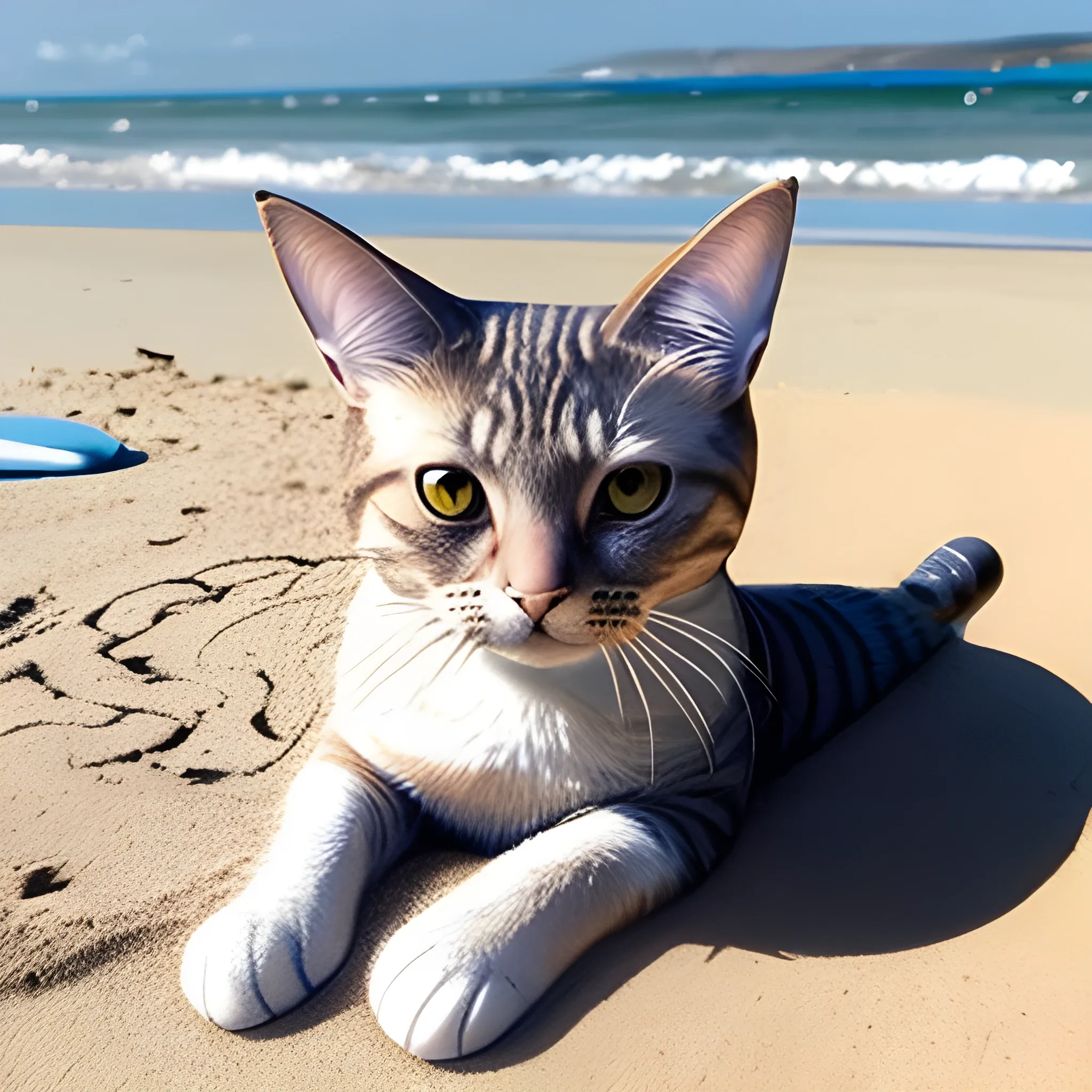 dibujo en lineas de un gato hechado en la playa con dos patas soteniendo su cabeza 