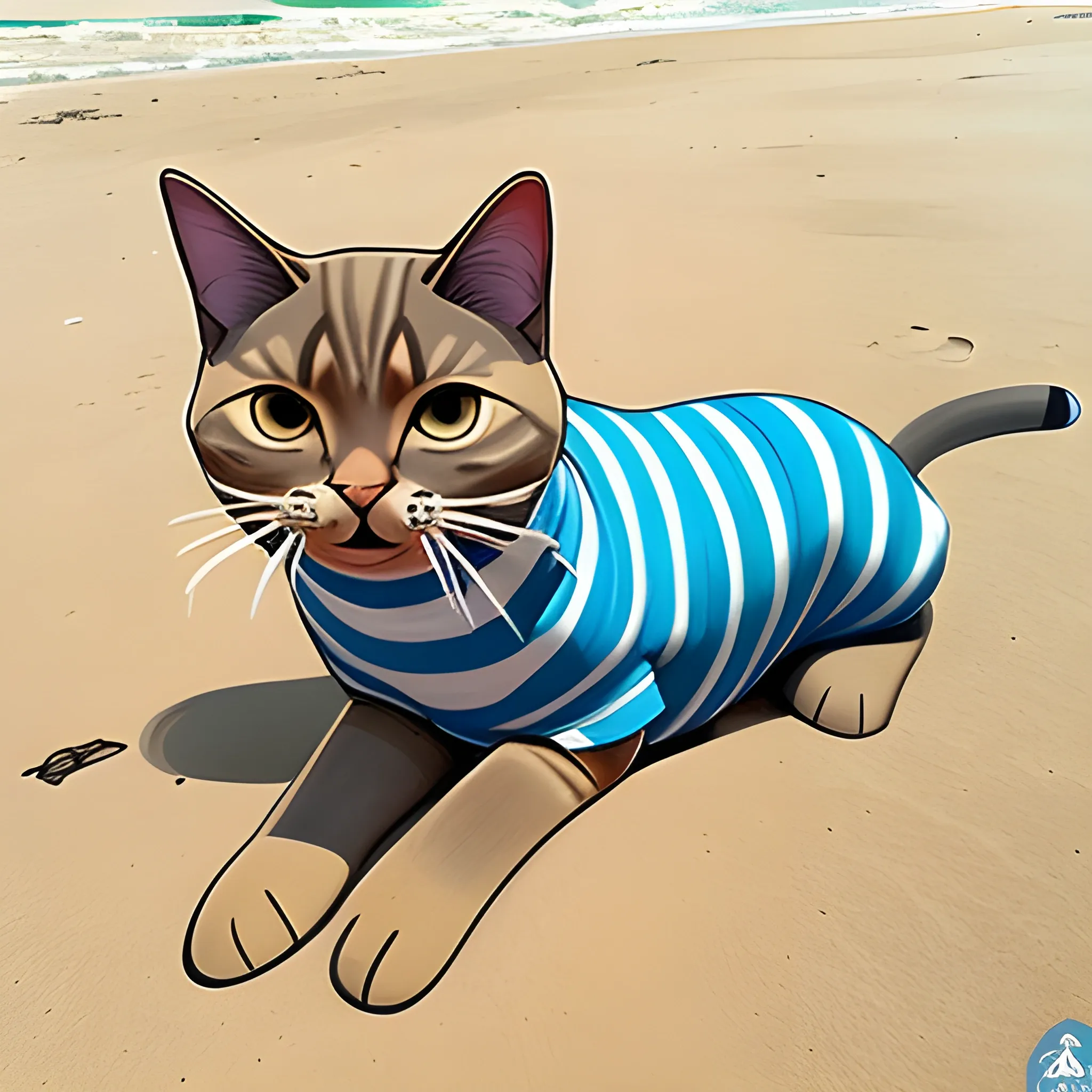 dibujo en lineas de un gato hechado en la playa con dos patas soteniendo su cabeza 