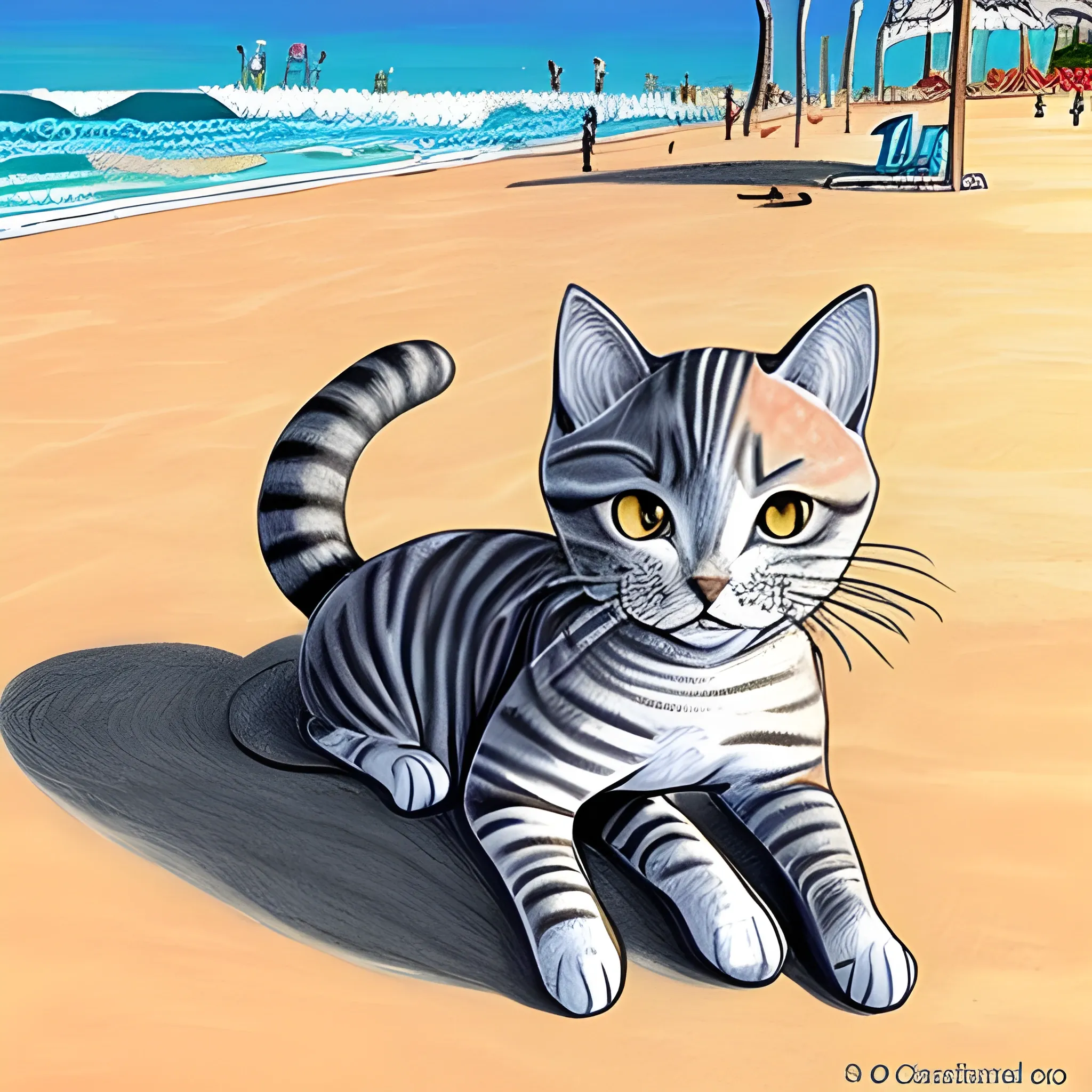 dibujo en lineas de un gato hechado en la playa con dos patas soteniendo su cabeza 