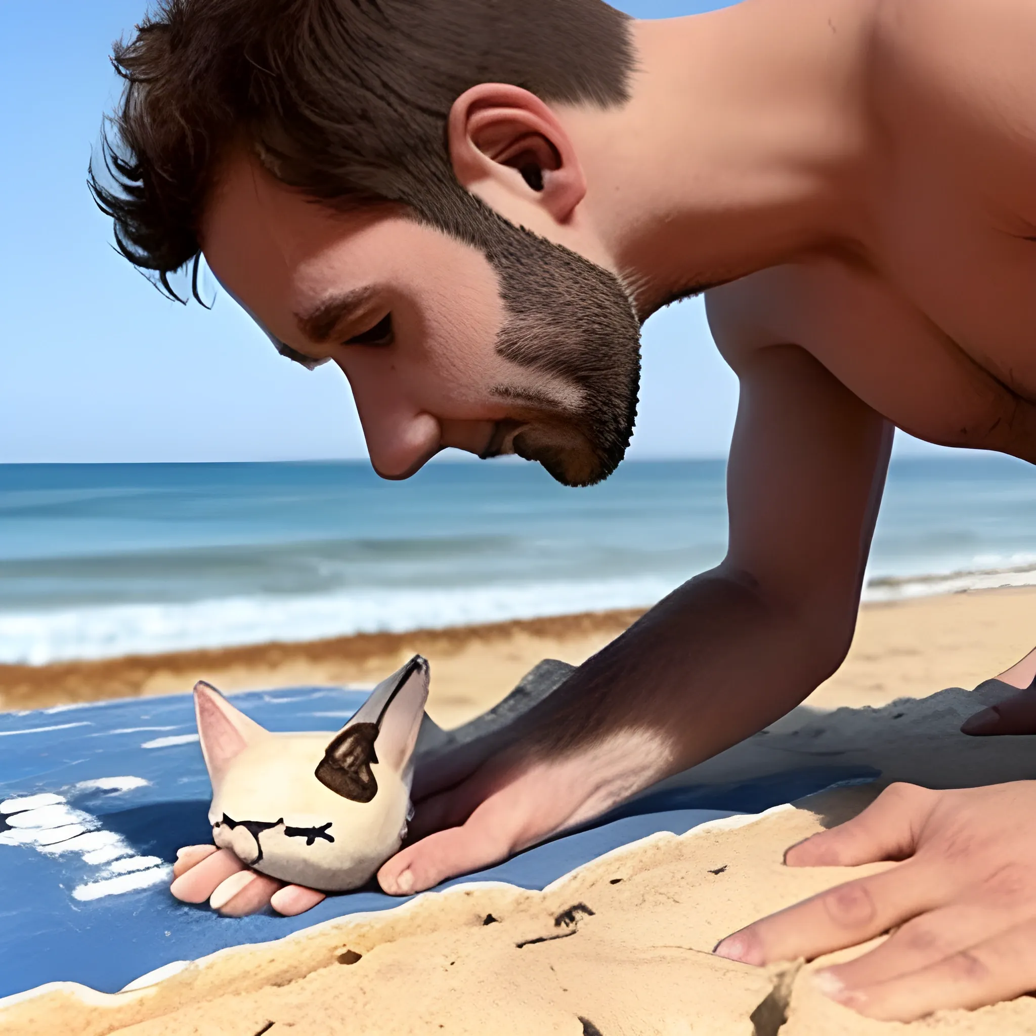 dibujo en líneas de un gato humanoide echado en la playa con sus codos el el piso y sus manos sosteniendo su cabeza