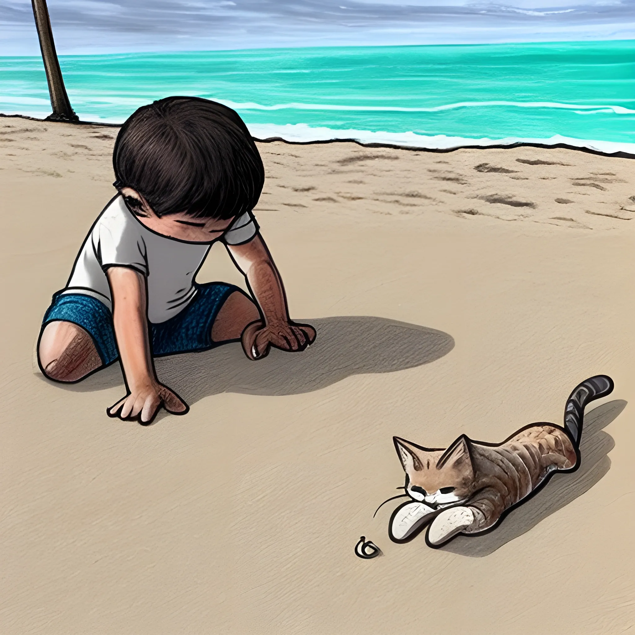 dibujo en líneas de un gato echado en la playa con sus codos el el piso y sus manos sosteniendo su cabeza