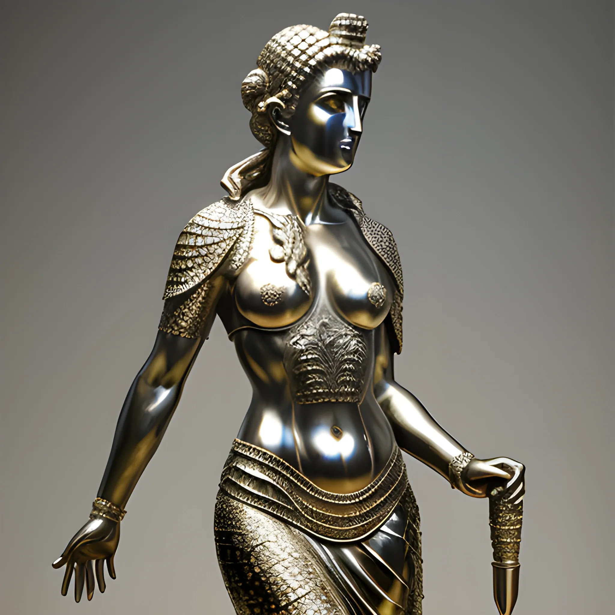 greek statue woman with Liquid metal crocodile  skin  