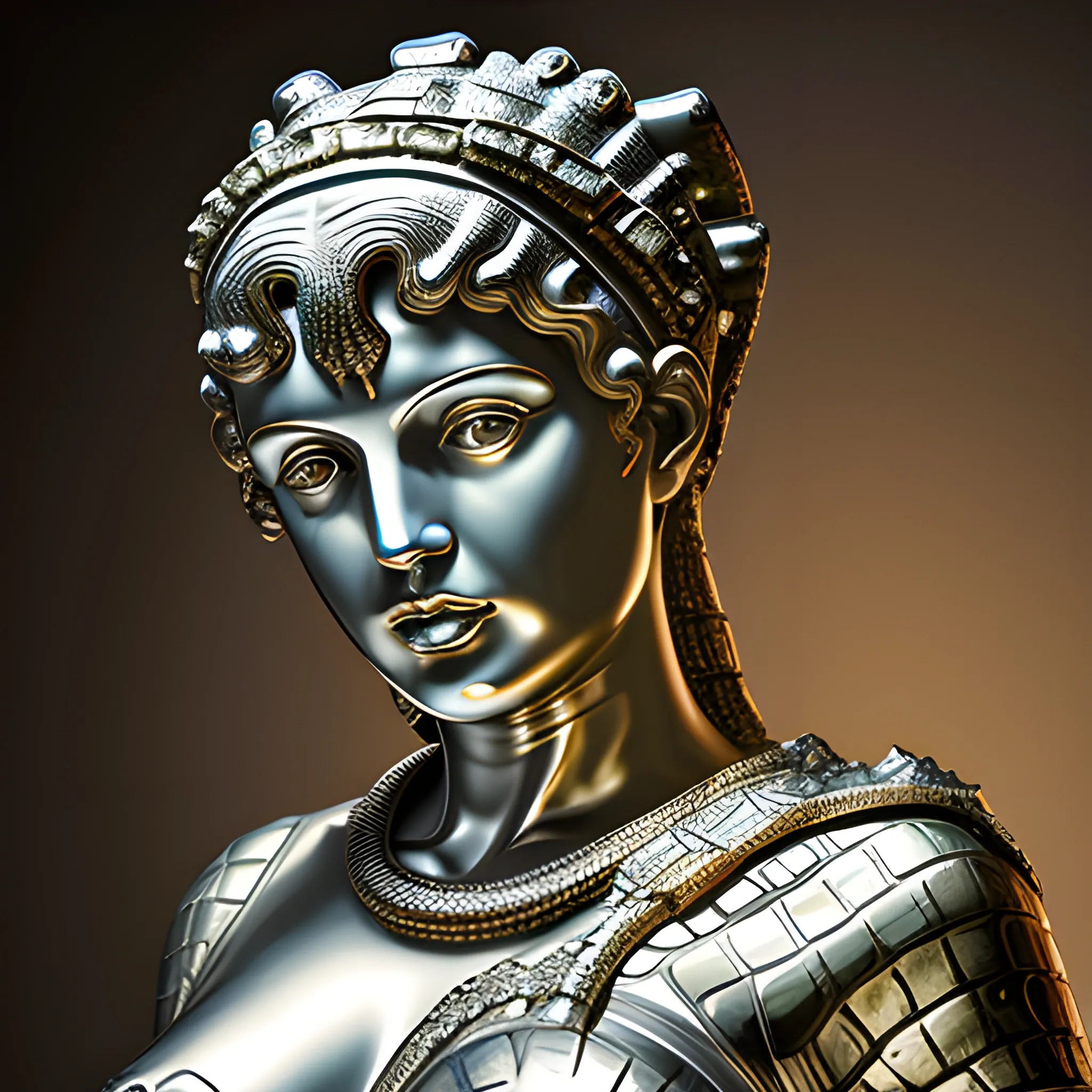 greek statue woman with Liquid metal crocodile  skin  