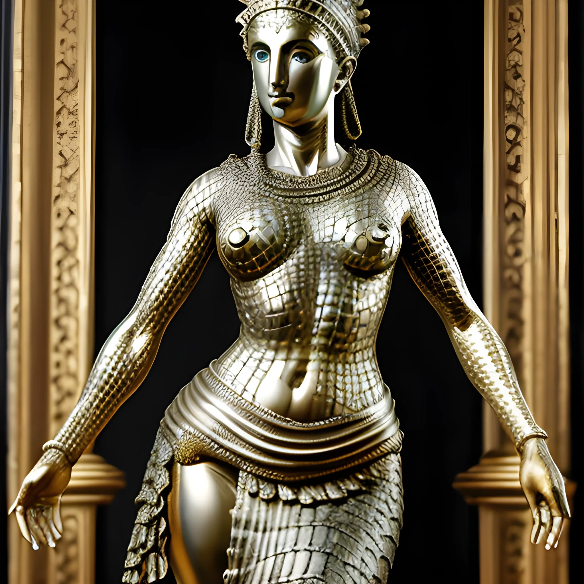 greek statue woman with Liquid metal crocodile  skin  