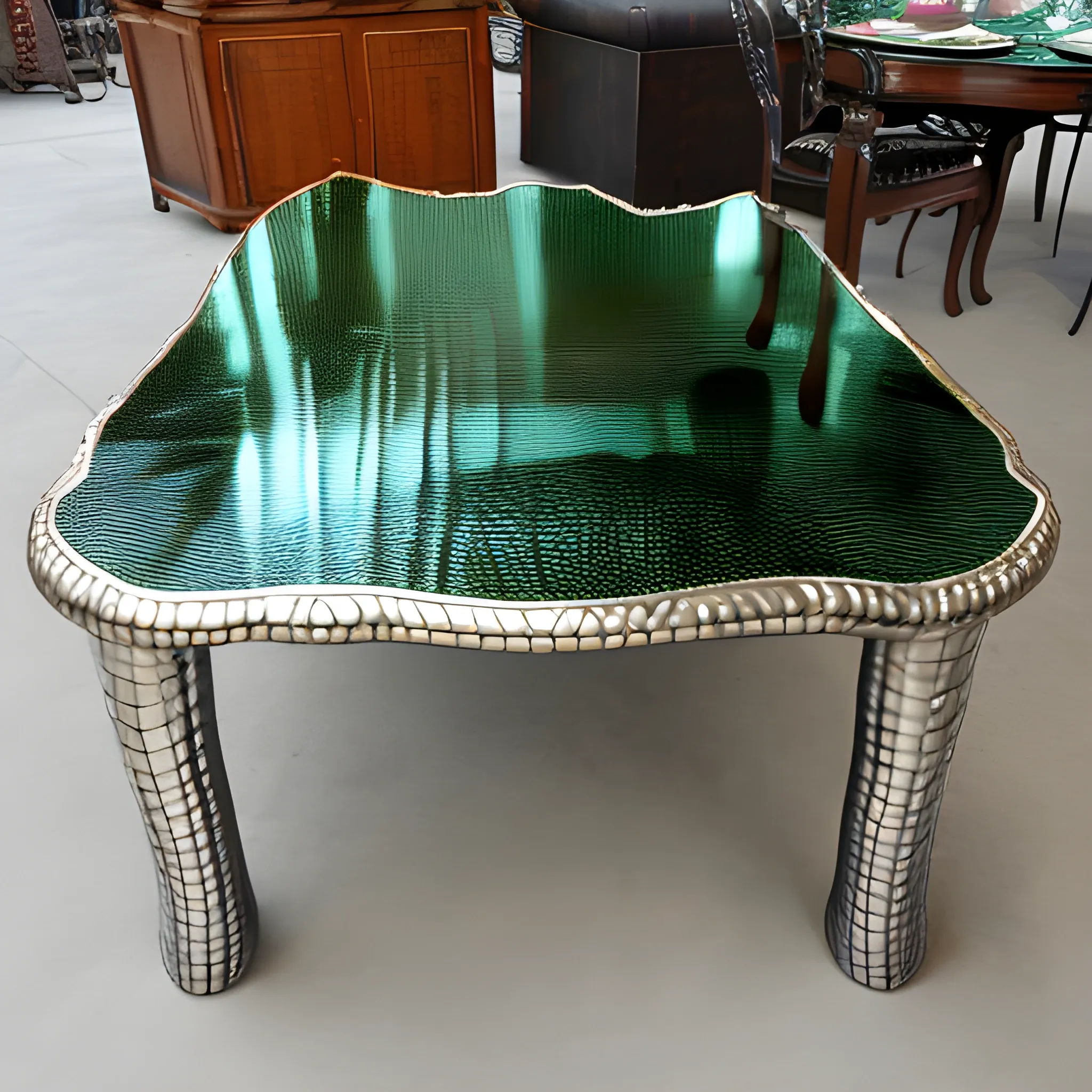 table with Liquid metal crocodile  skin  