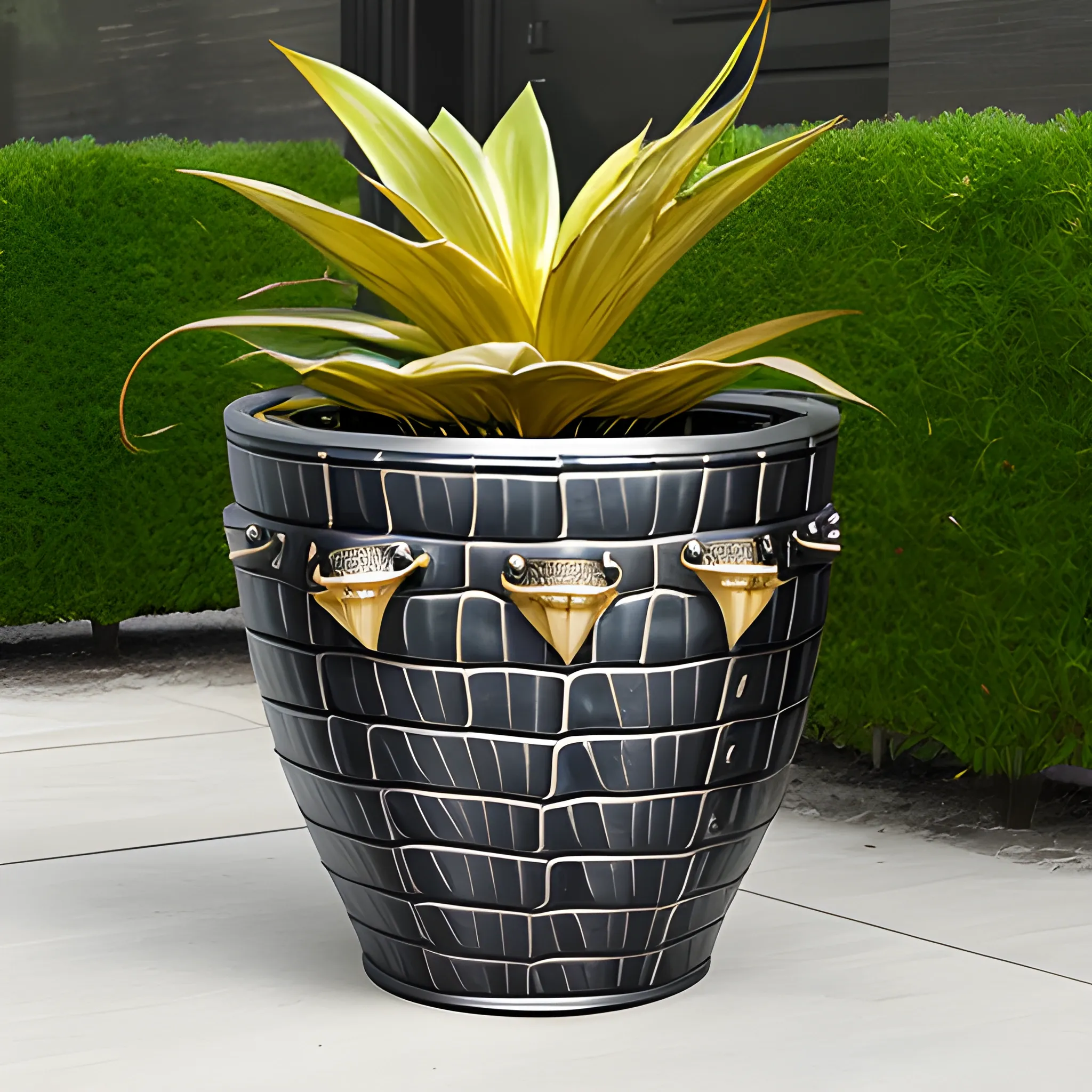 planter with Liquid metal crocodile  skin  