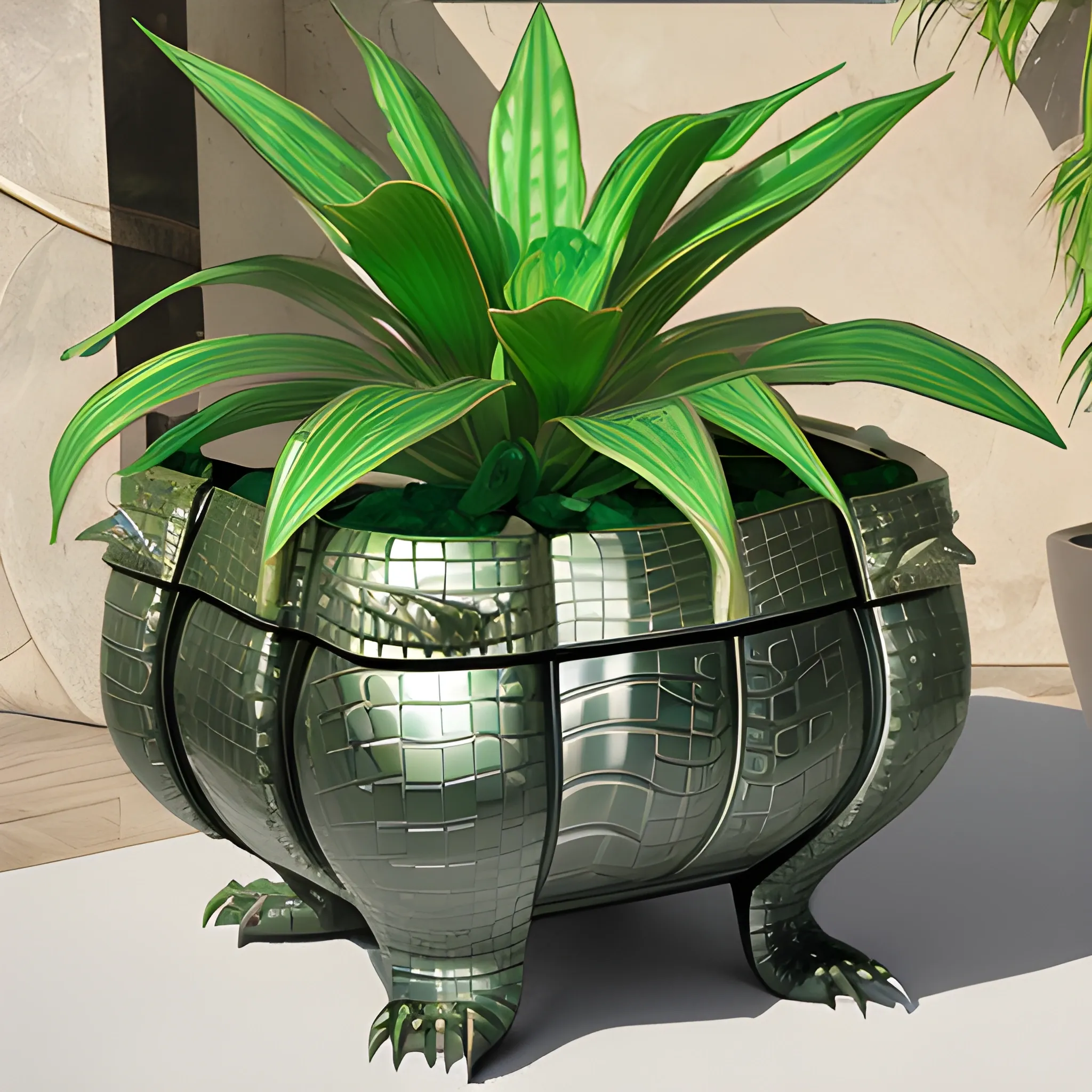 planter with Liquid metal crocodile  skin  