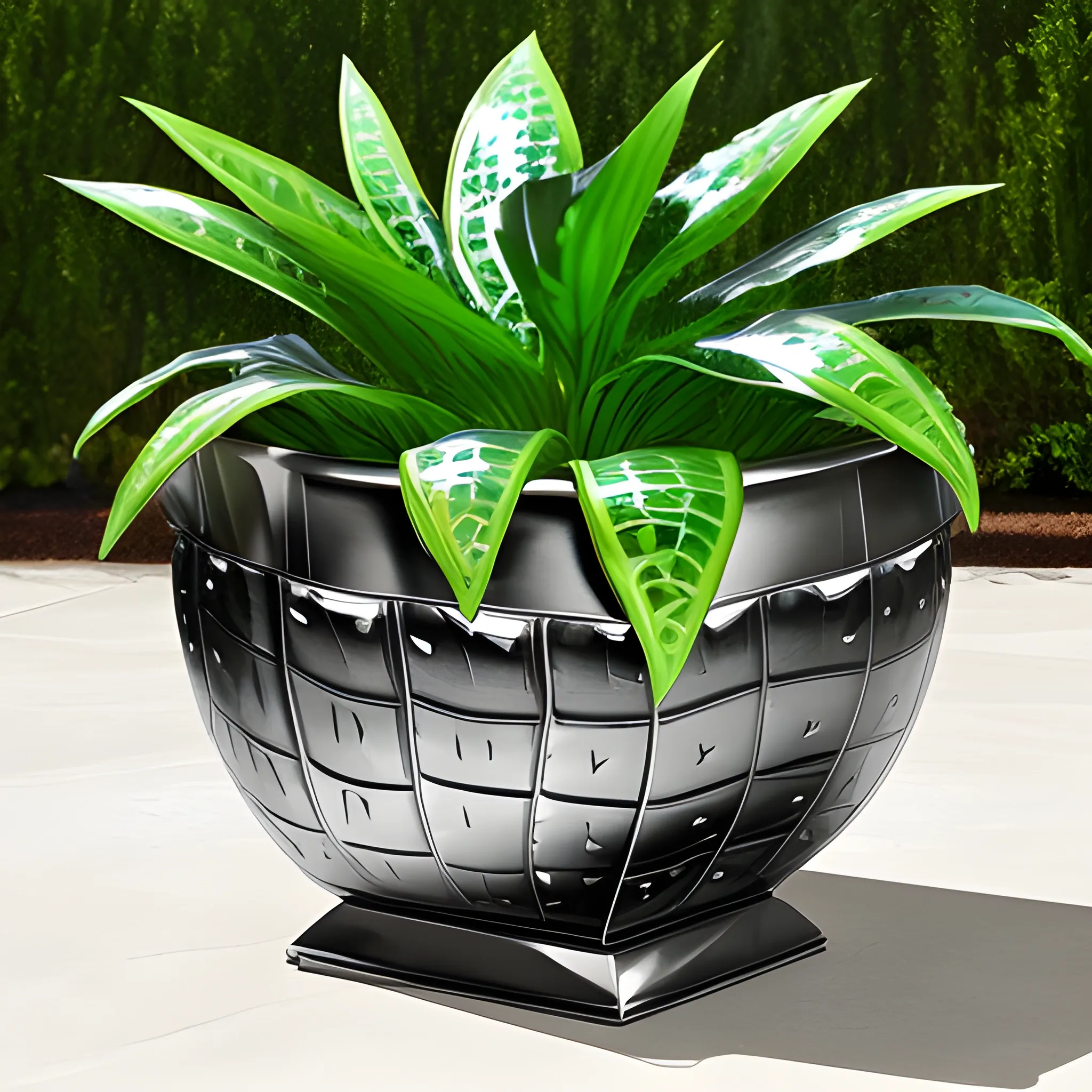 planter with Liquid metal crocodile  skin  