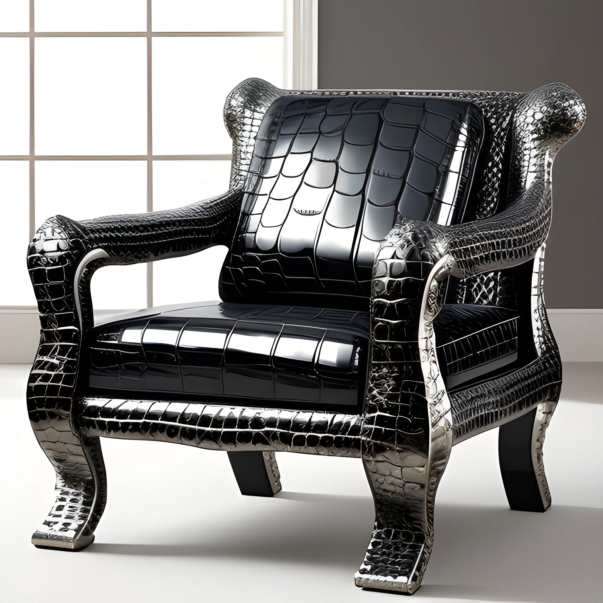 chair with Liquid metal crocodile  skin  