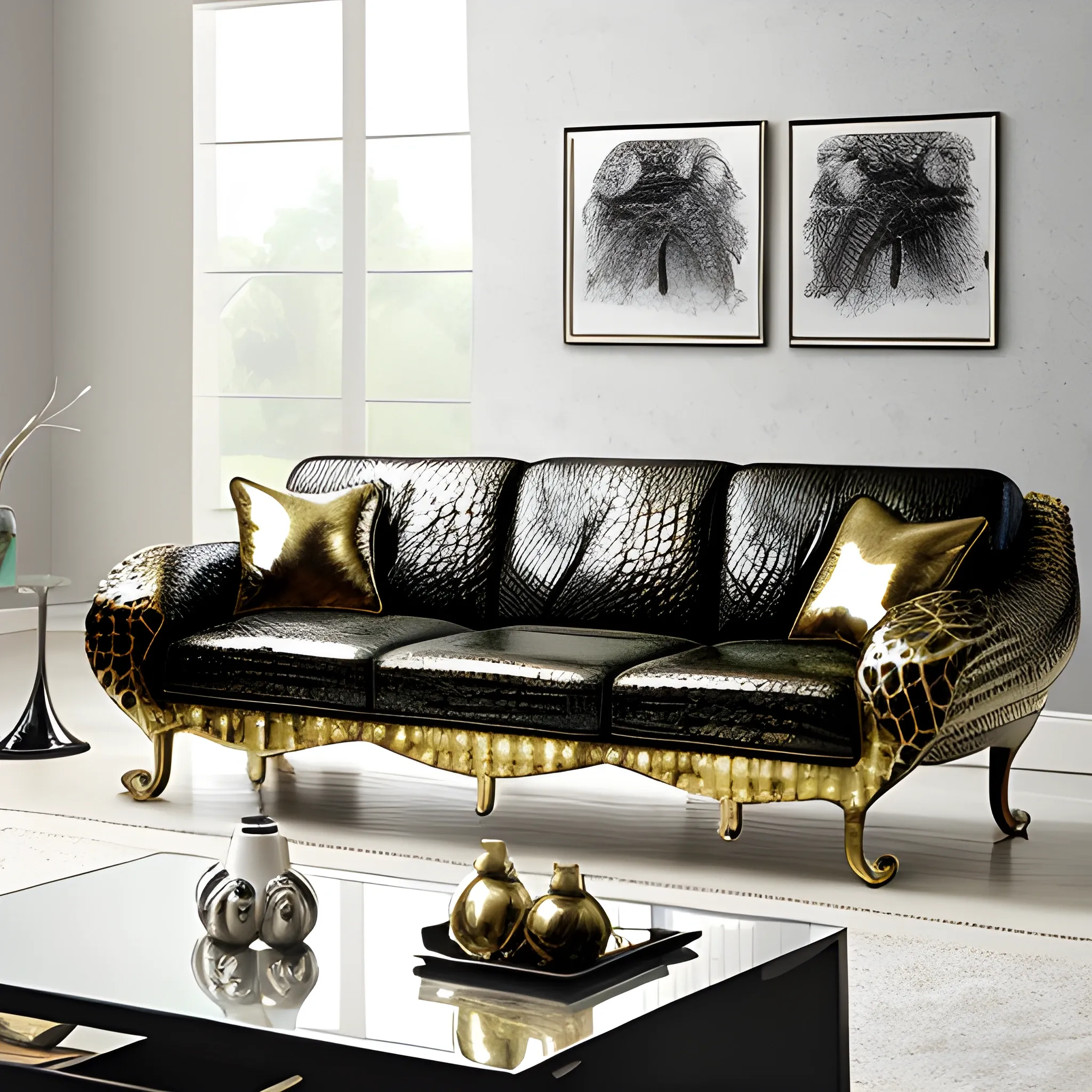 sofa with Liquid metal crocodile  skin  