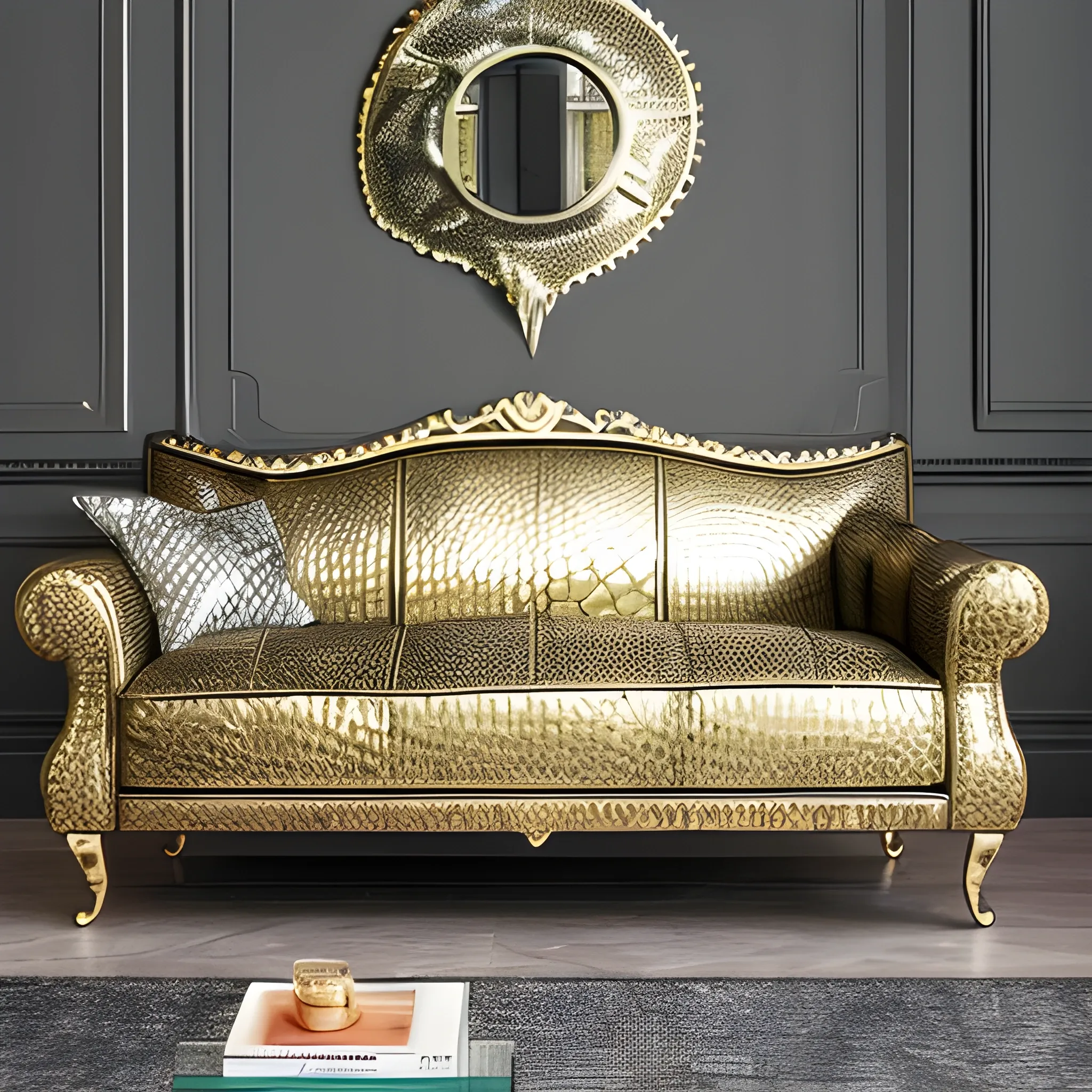 sofa with Liquid metal crocodile  skin  