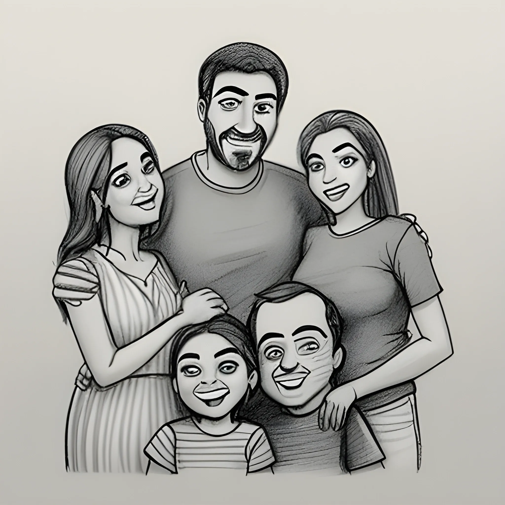 , Cartoon, família feliz, papai com um frasco na mão , Pencil Sketch