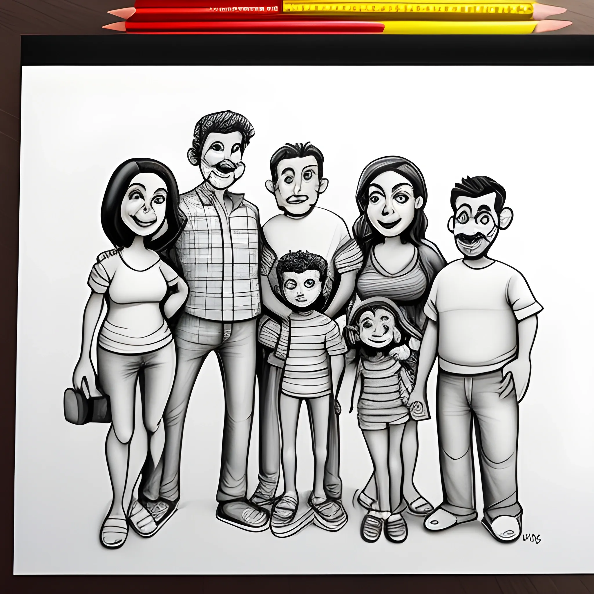 , Cartoon, família feliz, papai com um frasco na mão , Pencil Sketch, 3D