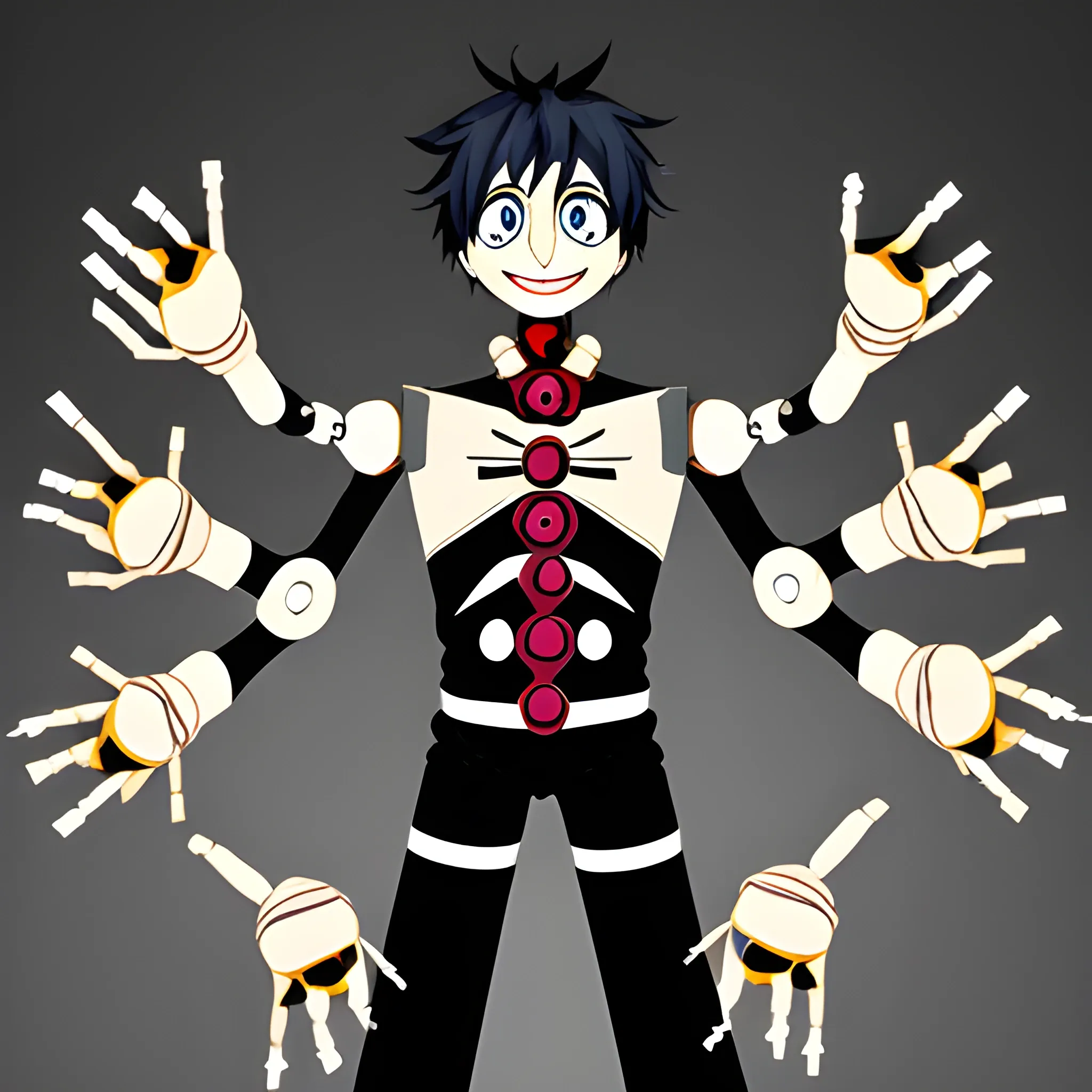 puppeteer man with 6 arms with parts of puppets around him
anime, cool