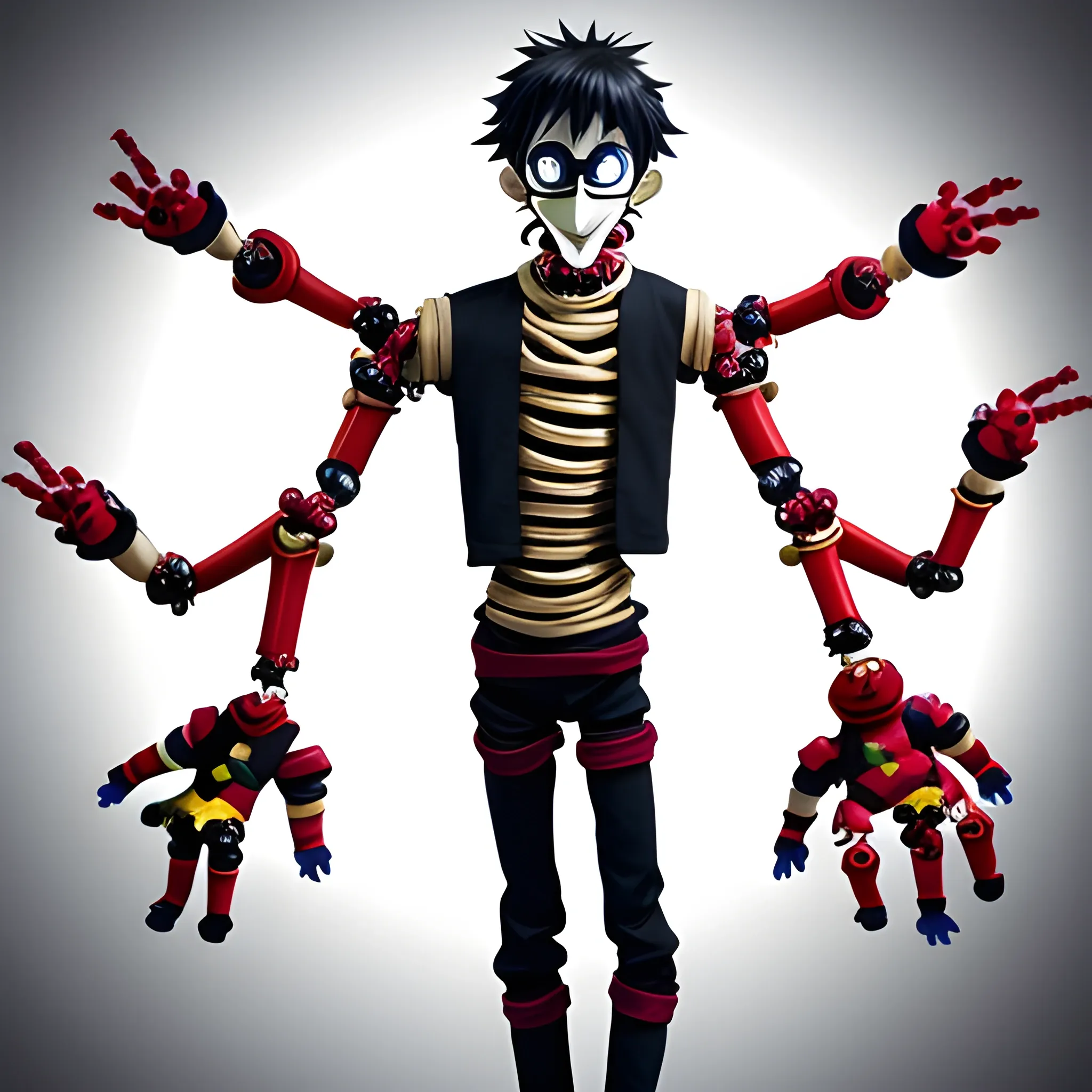 puppeteer man with 6 arms with parts of puppets around him
anime, cool