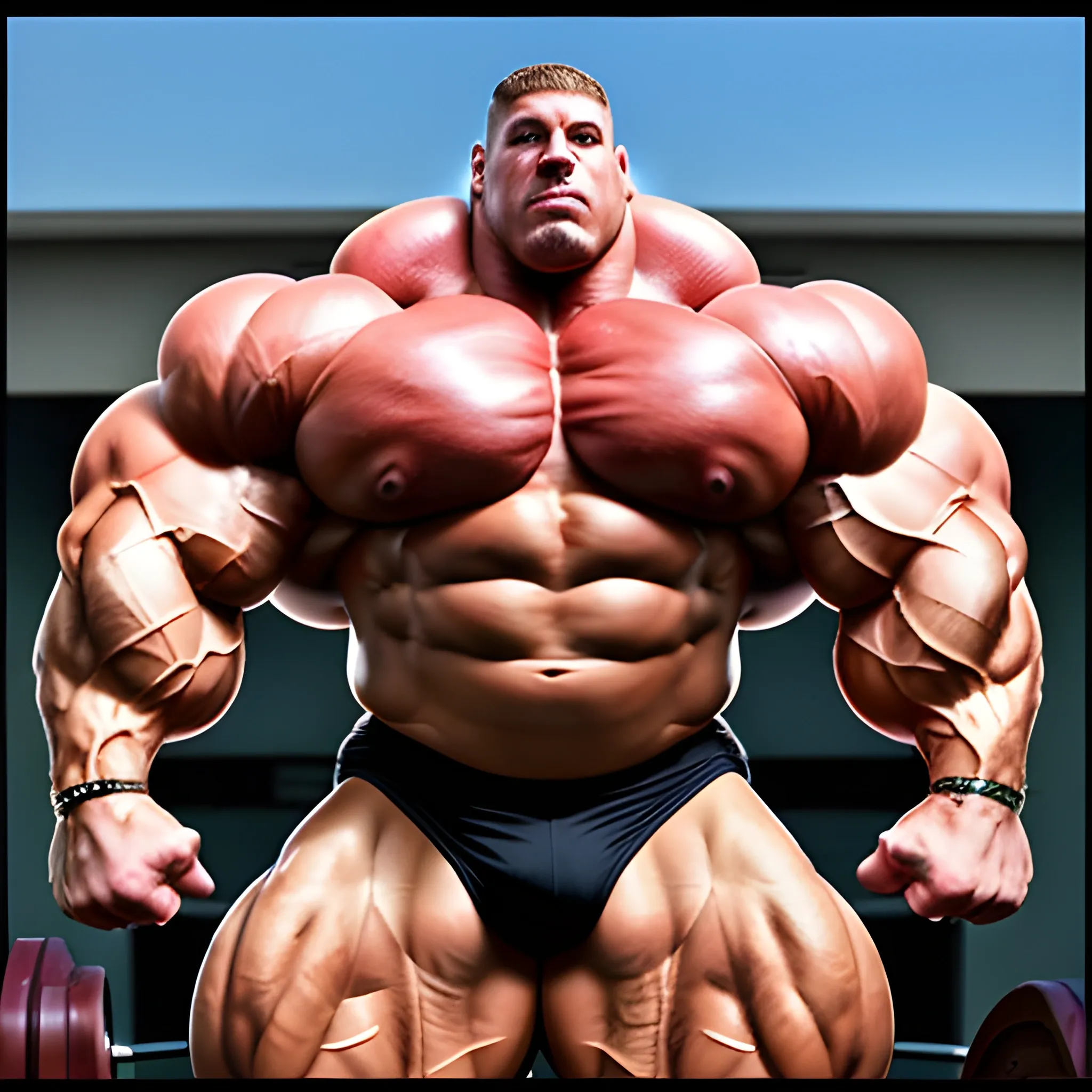 3-meters,  muscle morph, 3000 lbs bodybuilder, gigantic 300 inches biceps, huge biceps, 300 inches enormous triceps, enormous forearms, gigantic traps, 300 inches chest, 