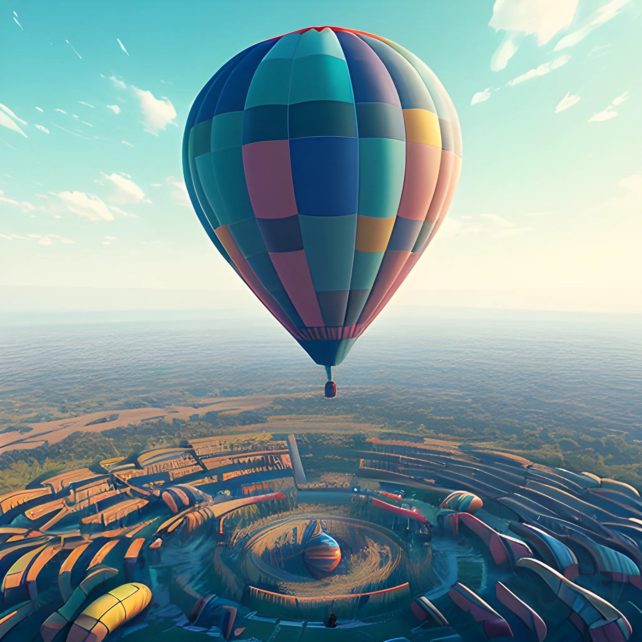 Panopticon Maze balloons: hot air balloons float serenely across a clear blue sky, with the largest and most brightly colored balloon in the center, photo-realistic concept art, soft natural volumetric cinematic perfect light