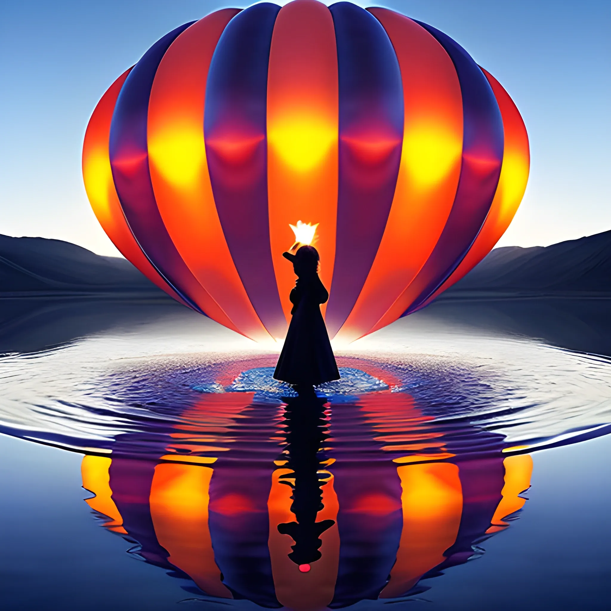 a woman standing in the middle of a stream of water, by Scarlett Hooft Graafland, hot air balloons float serenely across a clear blue sky, with the largest and most brightly colored balloon in the center, inspired by Scarlett Hooft Graafland, rippling with magic, amazing photo, by Yayou Kusama, amazing fire art, glowing water, floating candles, glowing water with caustics, fire reflection, stunning artwork, rippling magic,