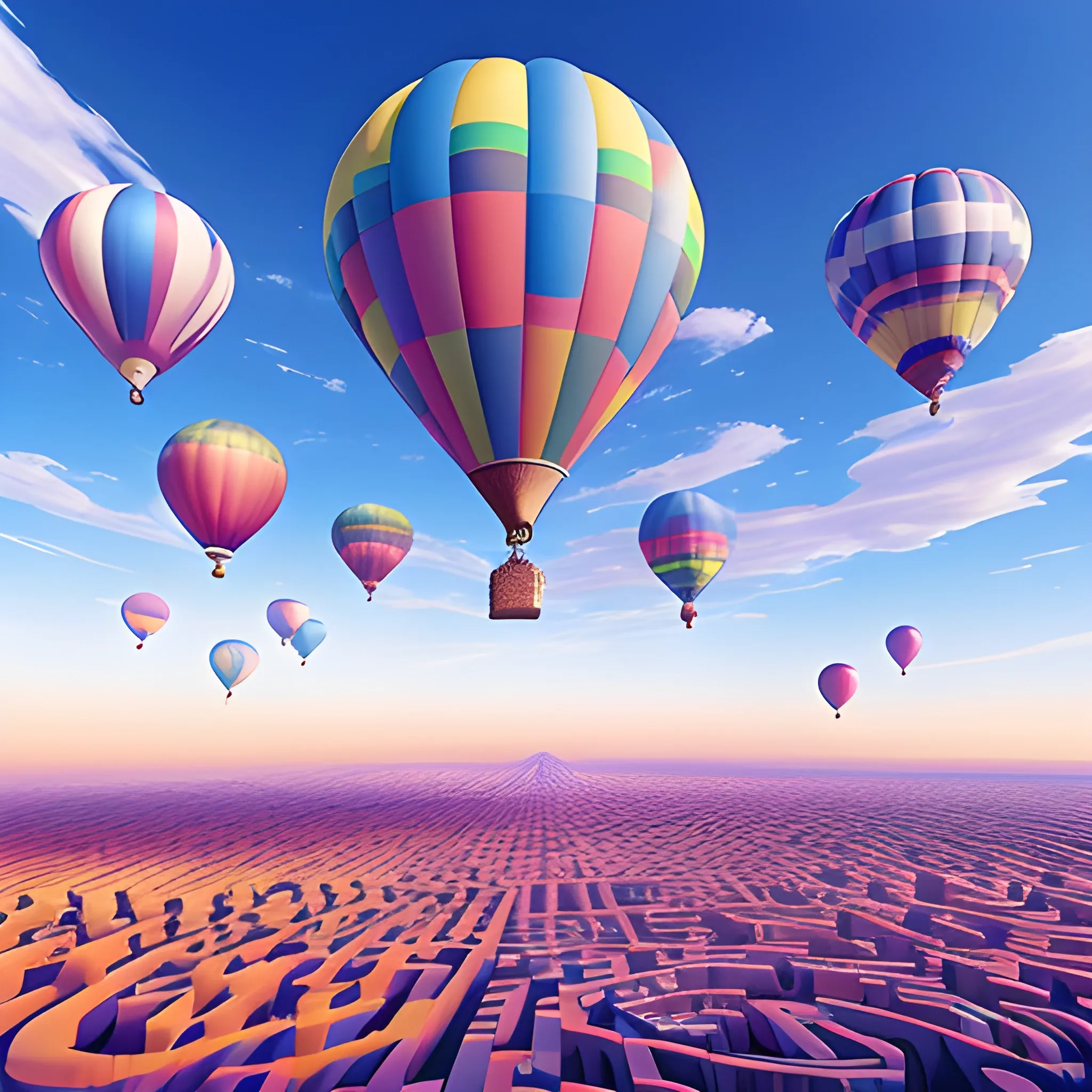 Panopticon Maze balloons: hot air balloons float serenely across a clear blue sky, with the largest and most brightly colored balloon in the center, photo-realistic concept art, soft natural volumetric cinematic perfect light, 3D, Trippy