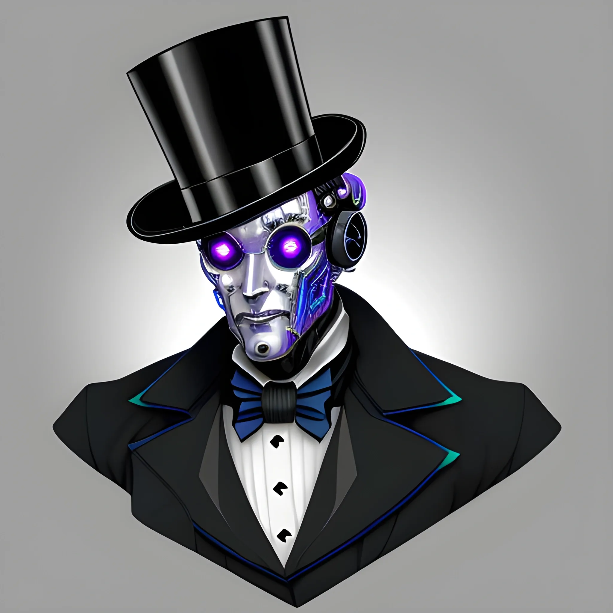 imagine a cyberpunk robot with a raven face and a top hat