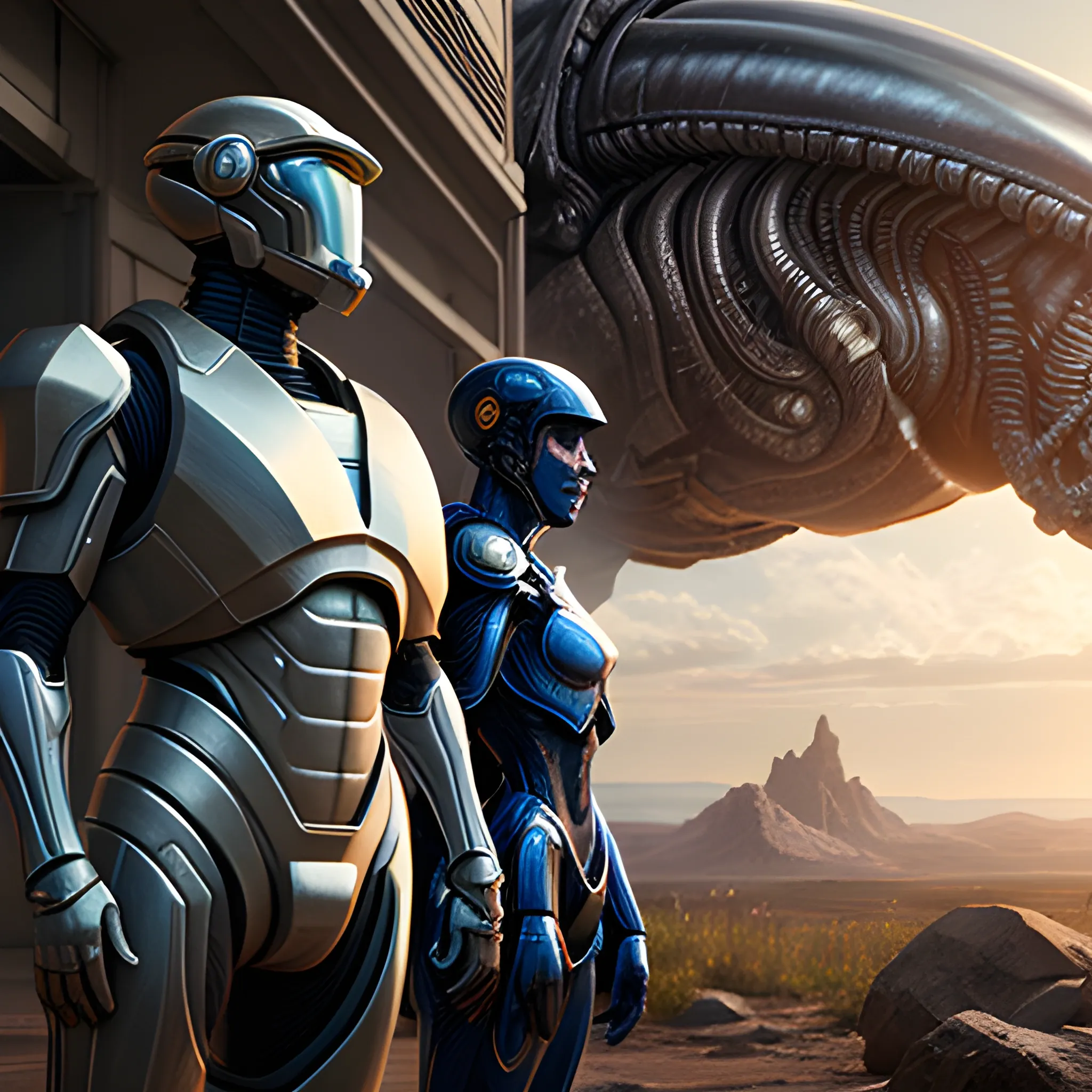 a human being with super technological armor looking at an alien with armor from another world, realistic HD image, cinematic style