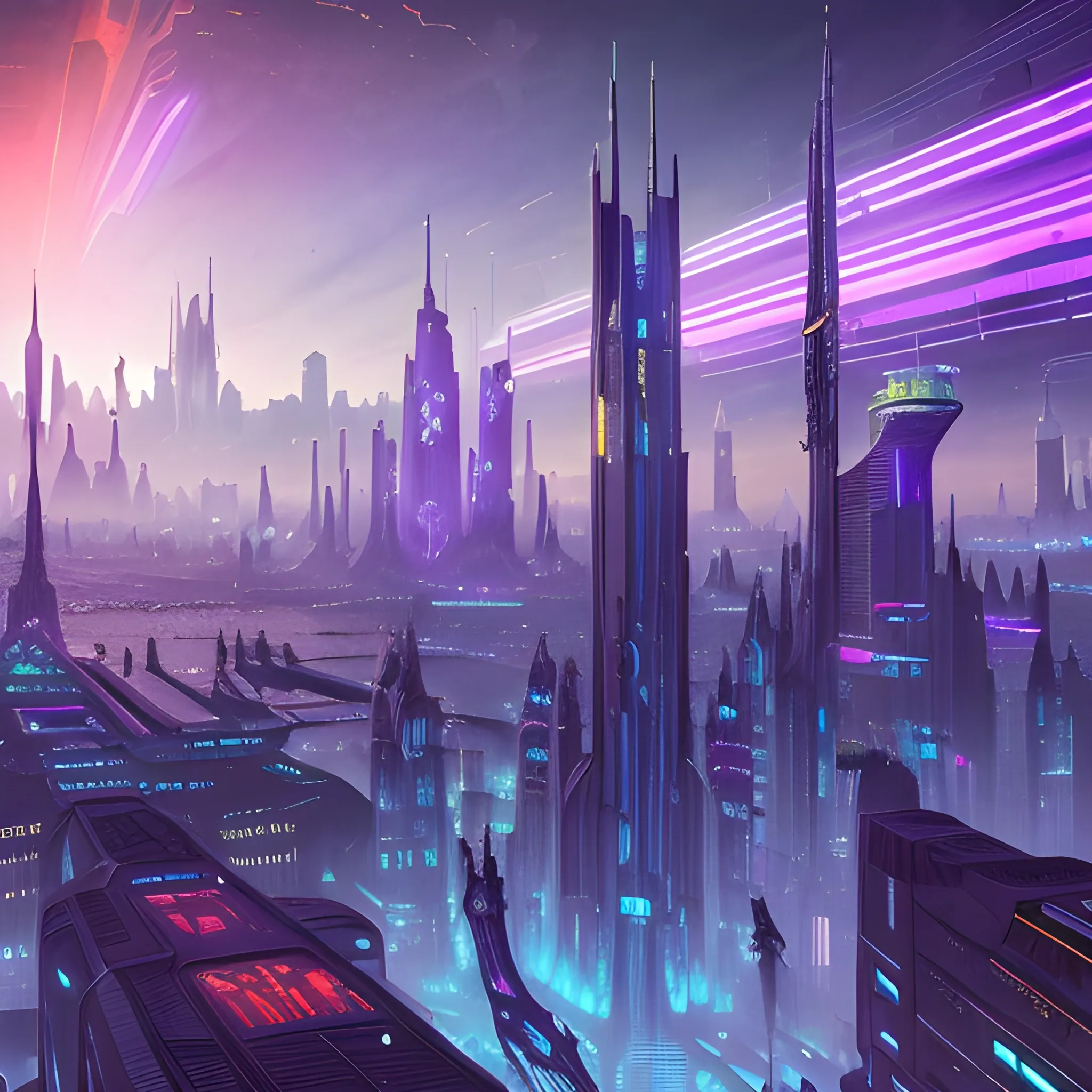 Main space city with spire style buildings, cyberpunk style blue tones, cityscape of bridges and canals, surreal, ultra high quality, spaceships around the city, city in purple flames, giant aliens