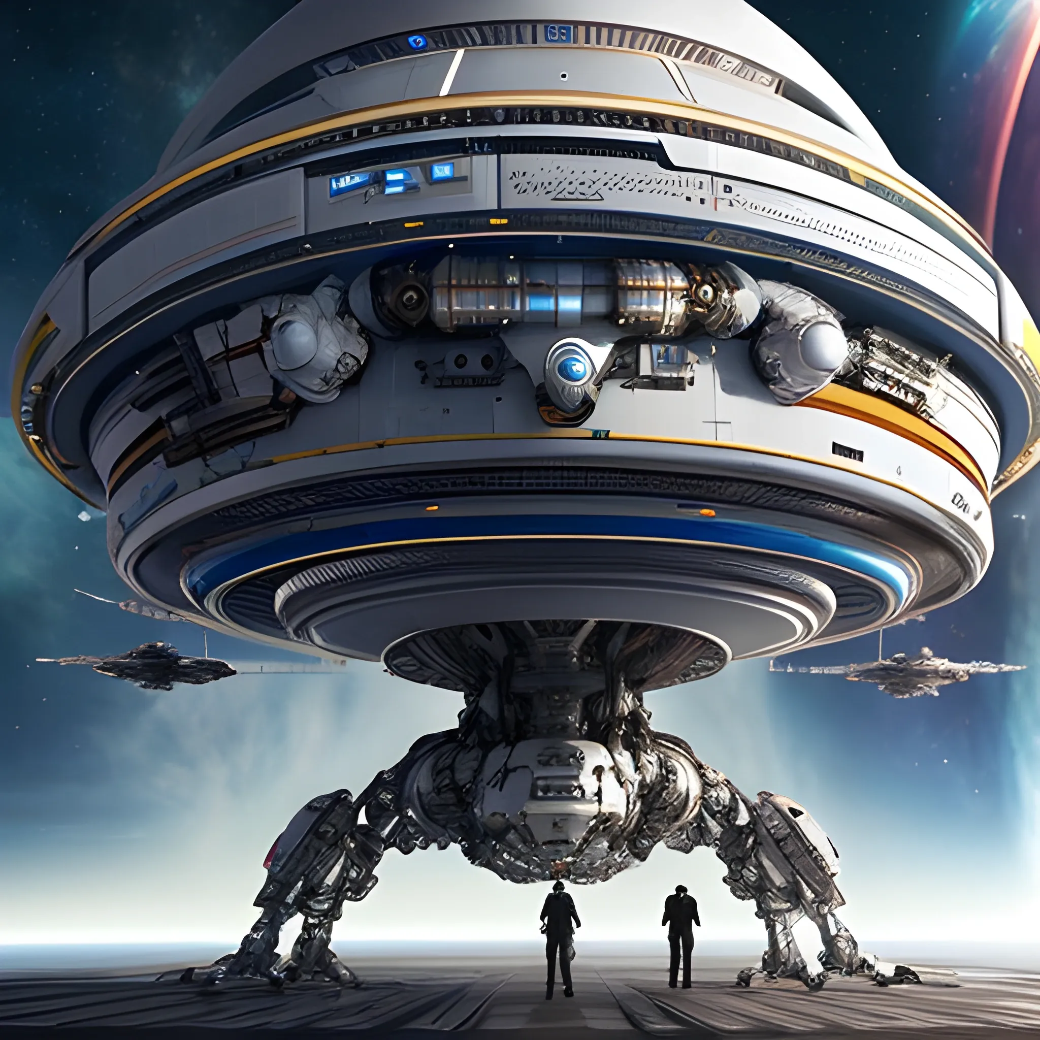 gigantic spaceship being built in space, people and robots welding parts of the ship. Realistic perfect image, Ultra HD, 4k, realistic futuristic design, people in realistic futuristic work suits