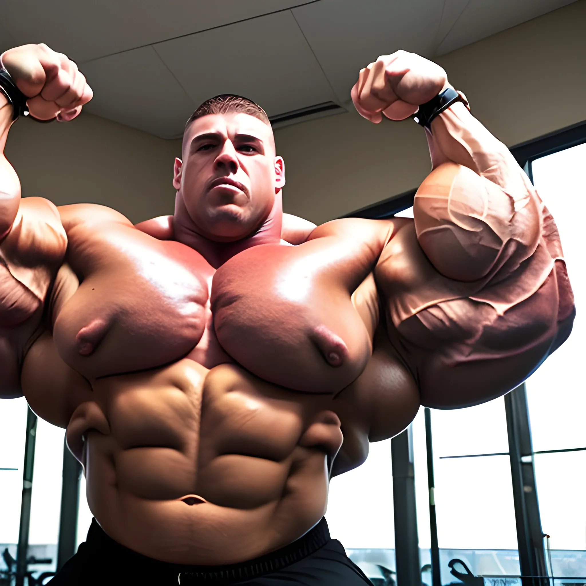 3-meters,  muscle morph, 3000 lbs bodybuilder, gigantic 300 inches biceps, huge biceps, 300 inches enormous triceps, enormous forearms, gigantic traps, 300 inches chest, 