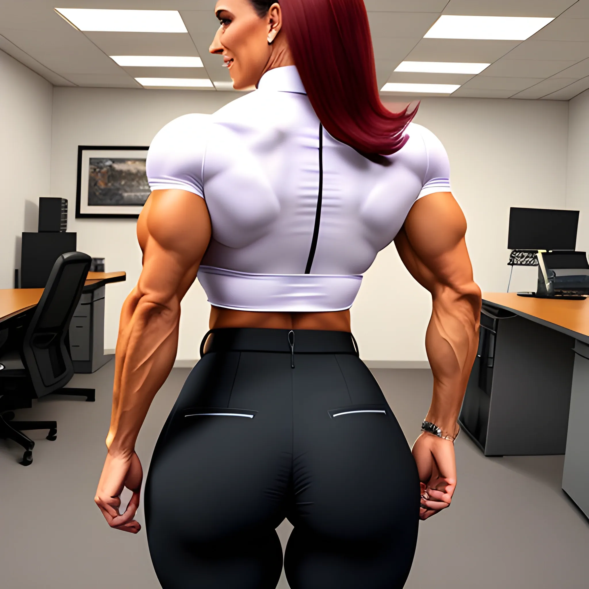 huge muscle girl in office. shortsleeve blouse. Bodybuilder holding binder. slacks. Massive muscles. giant bulging breasts. Huge biceps. smile. Jacked. tiny waist. petite hips. petite butt.small glutes.  No big hips. No big butt. Rear view