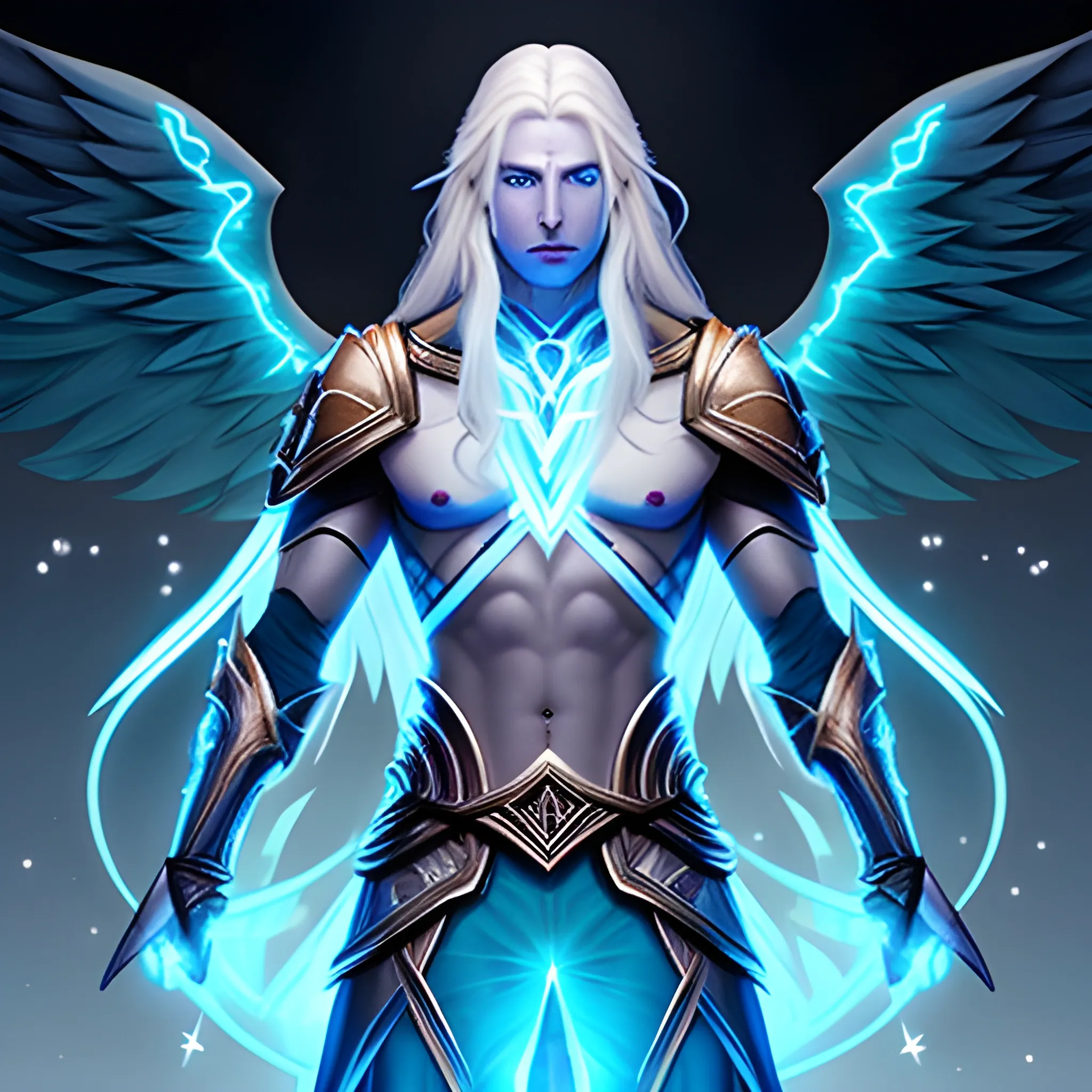 aasimar from dnd with blonde long glowing hair, light blue glowing eyes ...