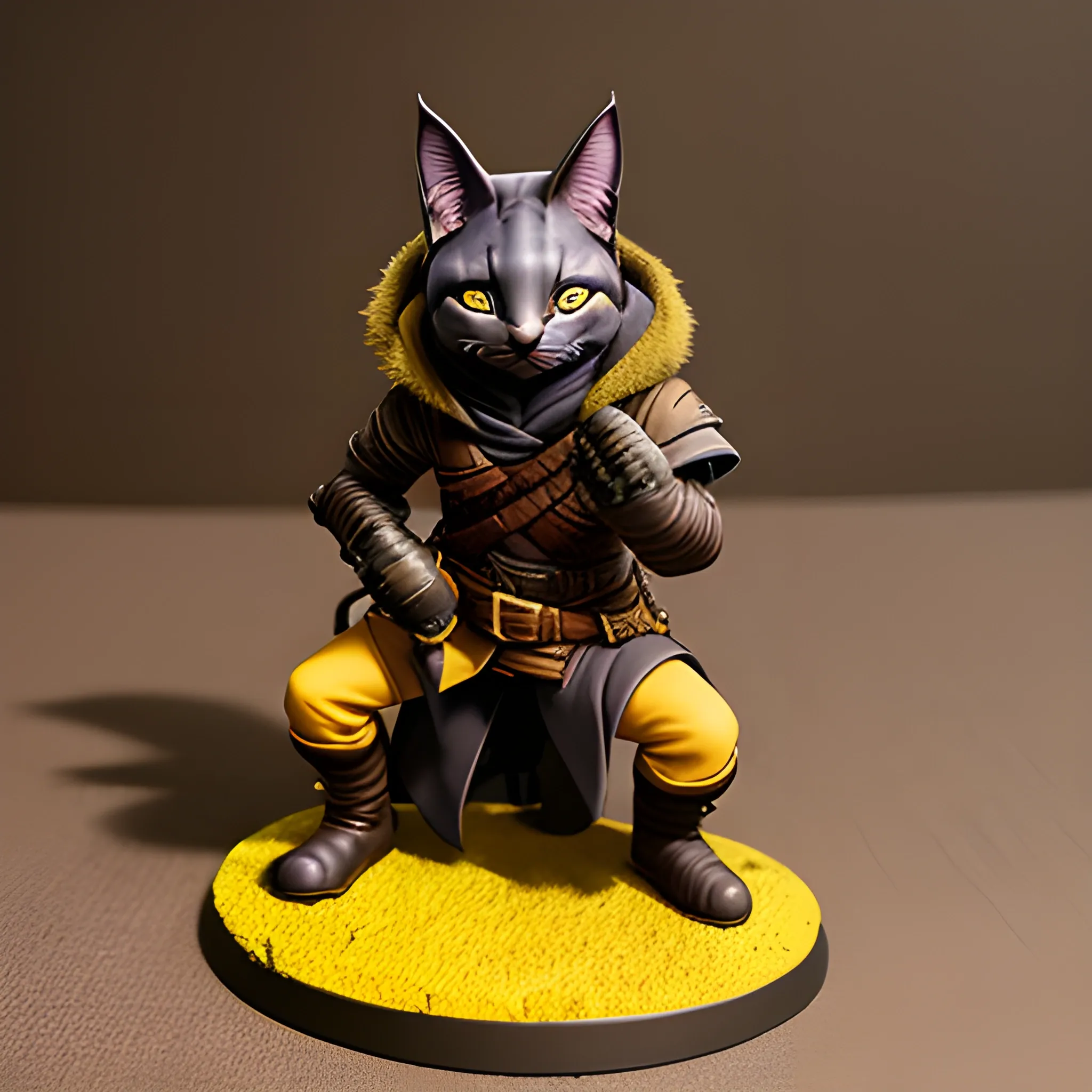 dnd tabaxi rogue with dark fur and yellow eyes, hooded with leather armour crouching down