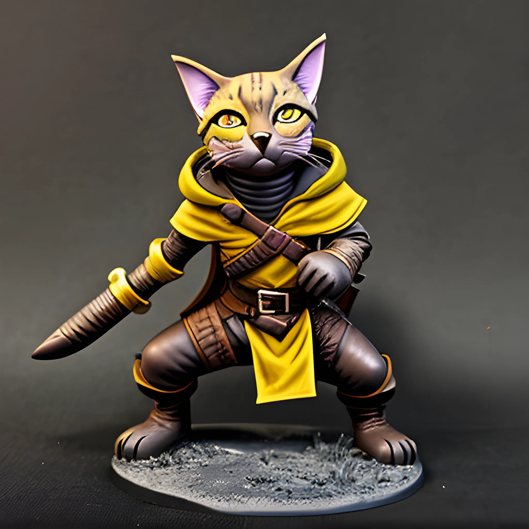 dnd tabaxi rogue with dark fur and yellow eyes, hooded with leat ...