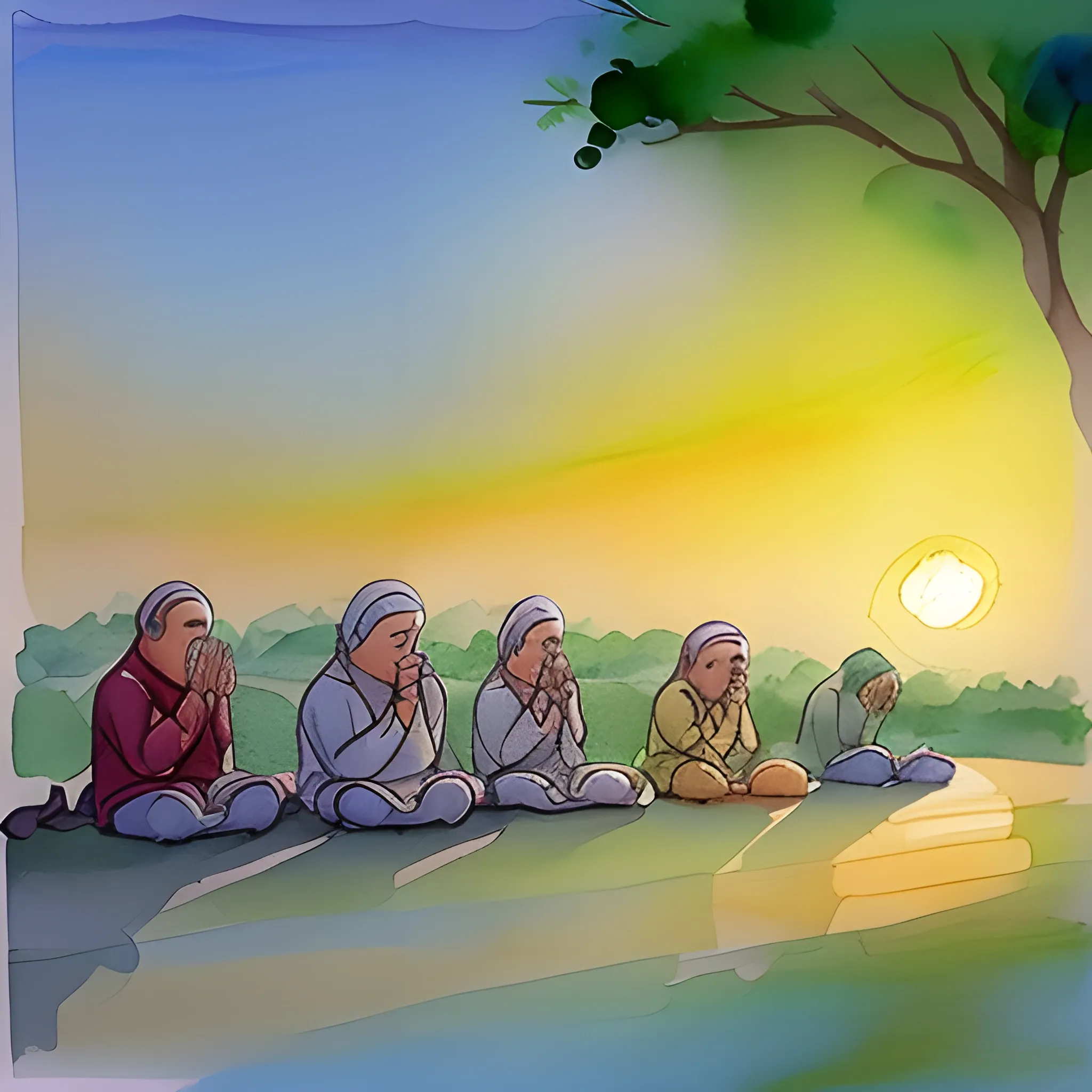 CREATE AN IMAGE OF A DAWN AND PEOPLE PRAYING, Cartoon, Water Color