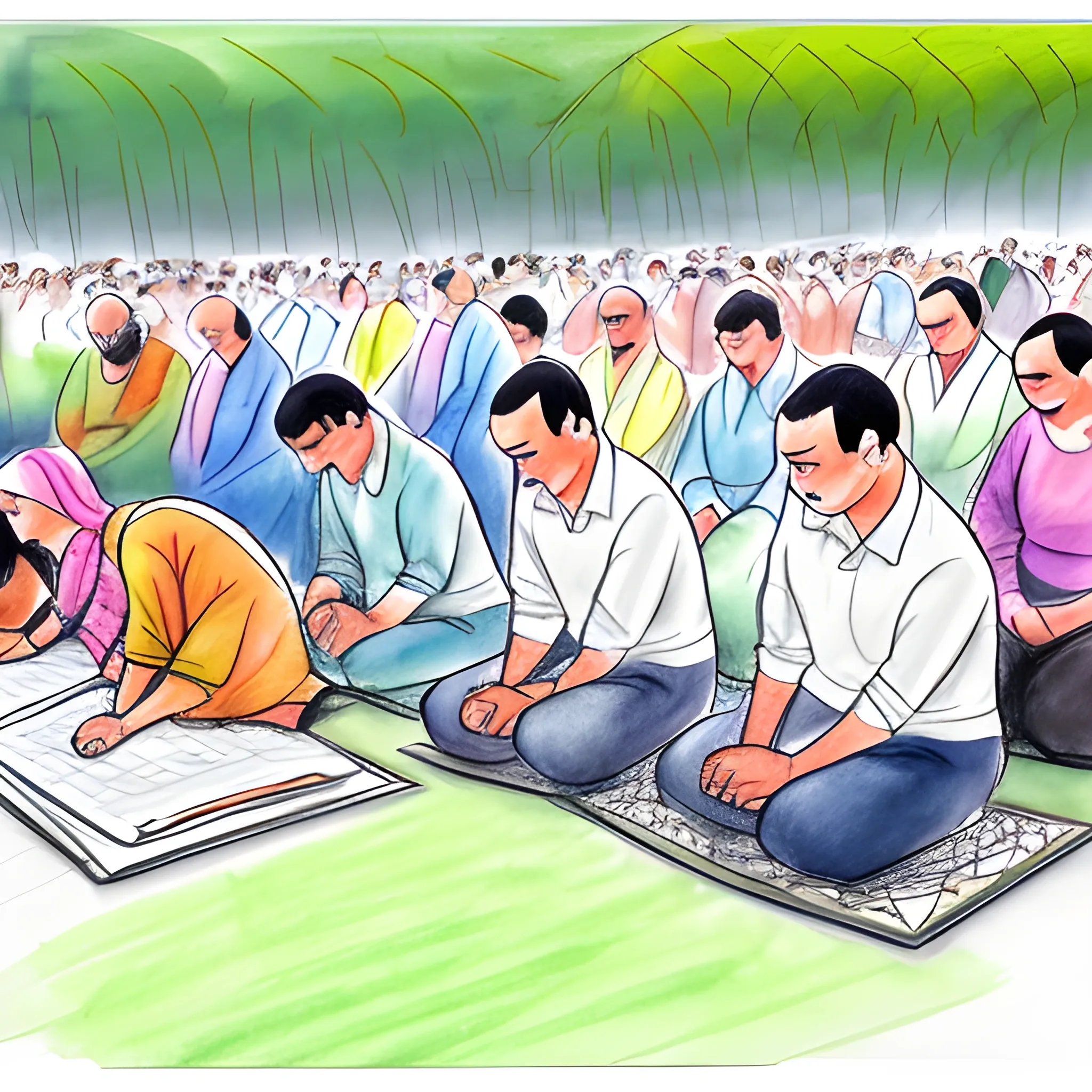 CREATE AN IMAGE OF A DAWN AND PEOPLE PRAYING, Cartoon, Water Color, Pencil Sketch